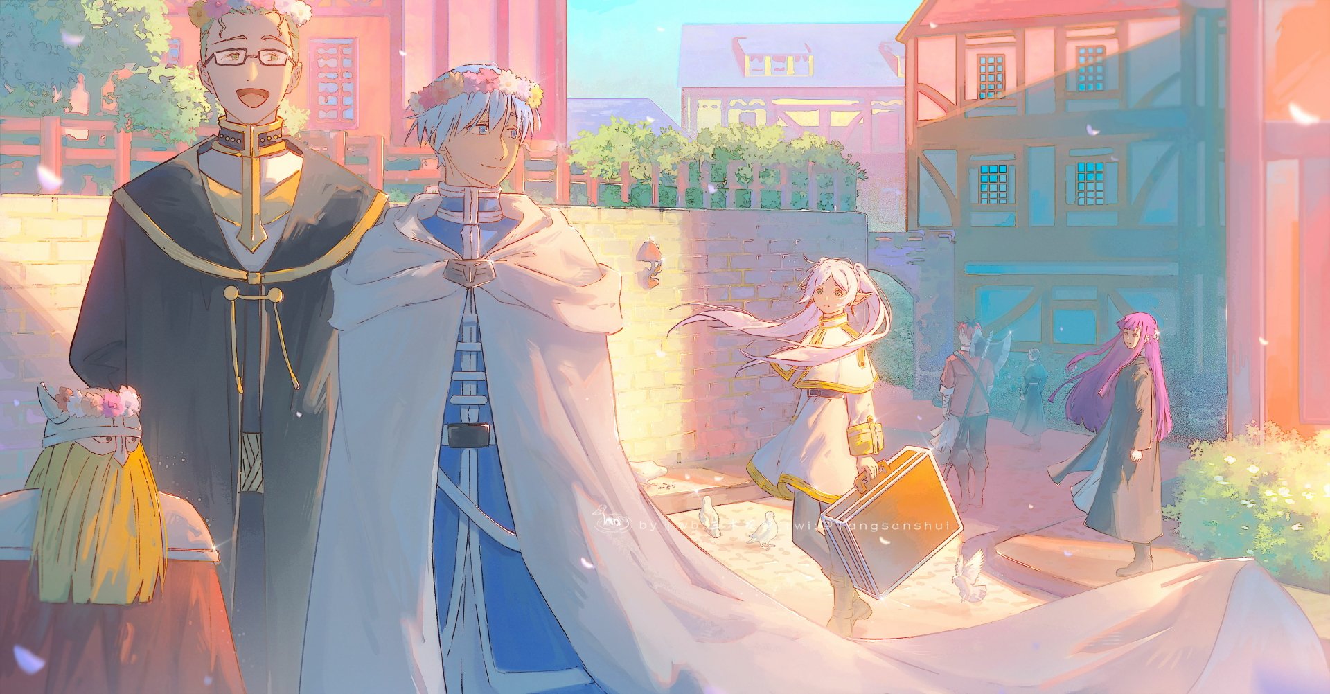 4K Ultra HD anime wallpaper from Frieren: Beyond Journey's End, featuring characters in a sunlit town square with soft pastel colors and detailed backgrounds.