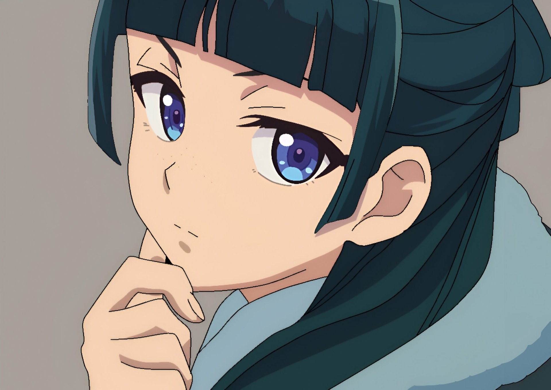 HD anime wallpaper featuring Maomao from The Apothecary Diaries with expressive blue eyes and dark hair, designed for PC desktop backgrounds.