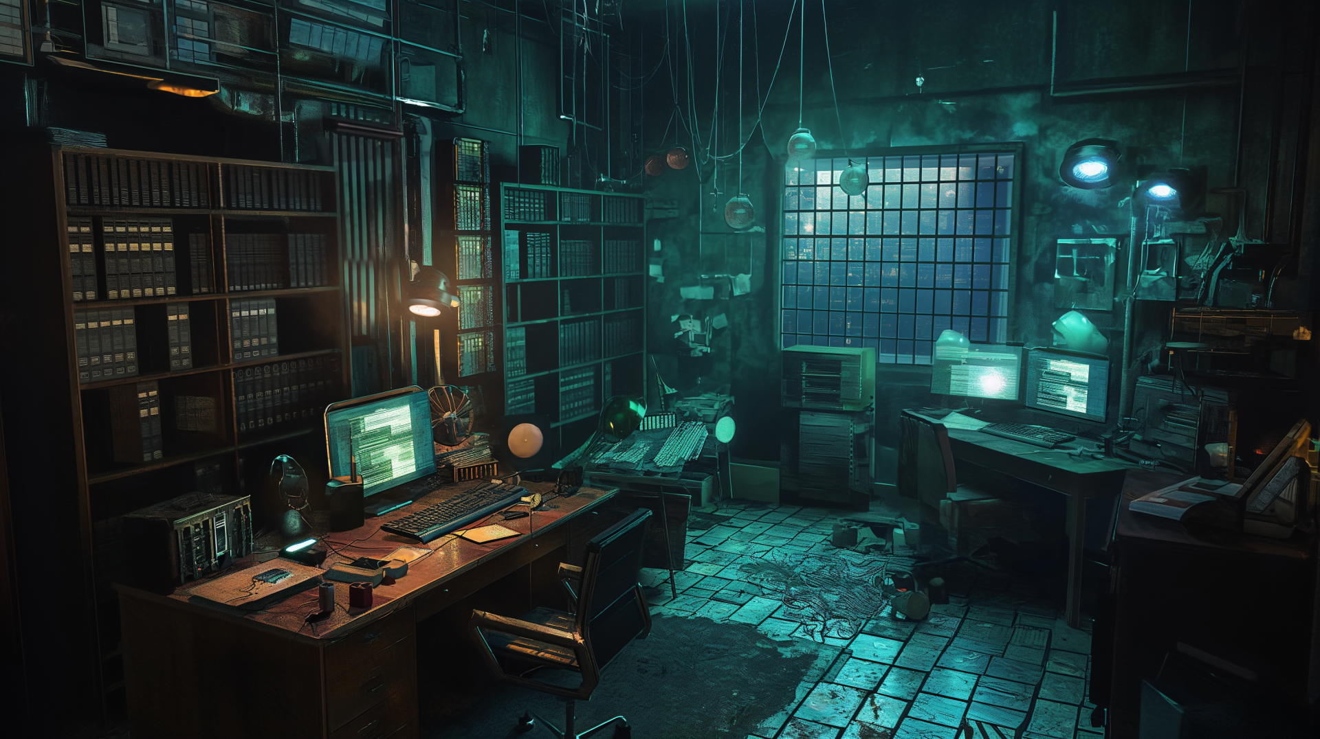 HD wallpaper of a dimly lit study room with multiple computer screens and a vintage ambiance.