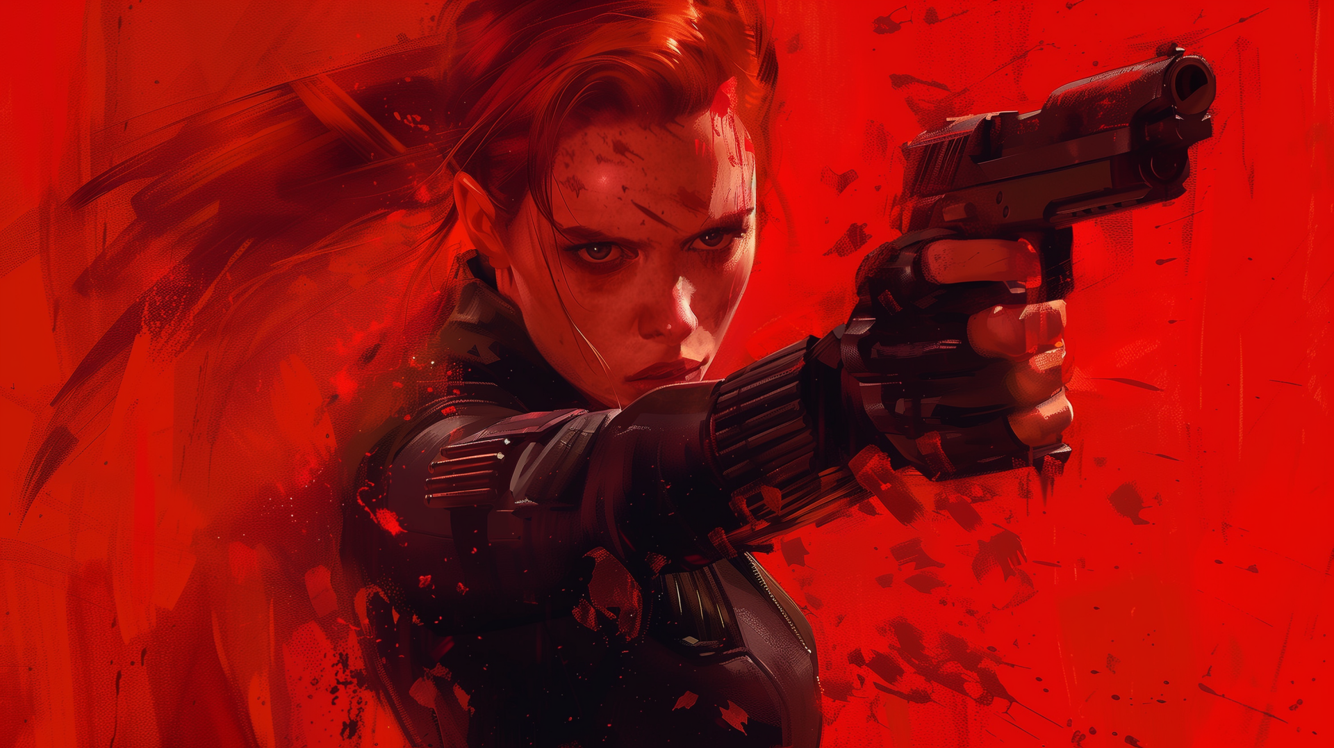 HD desktop wallpaper featuring dynamic Black Widow fan art with intense red background.