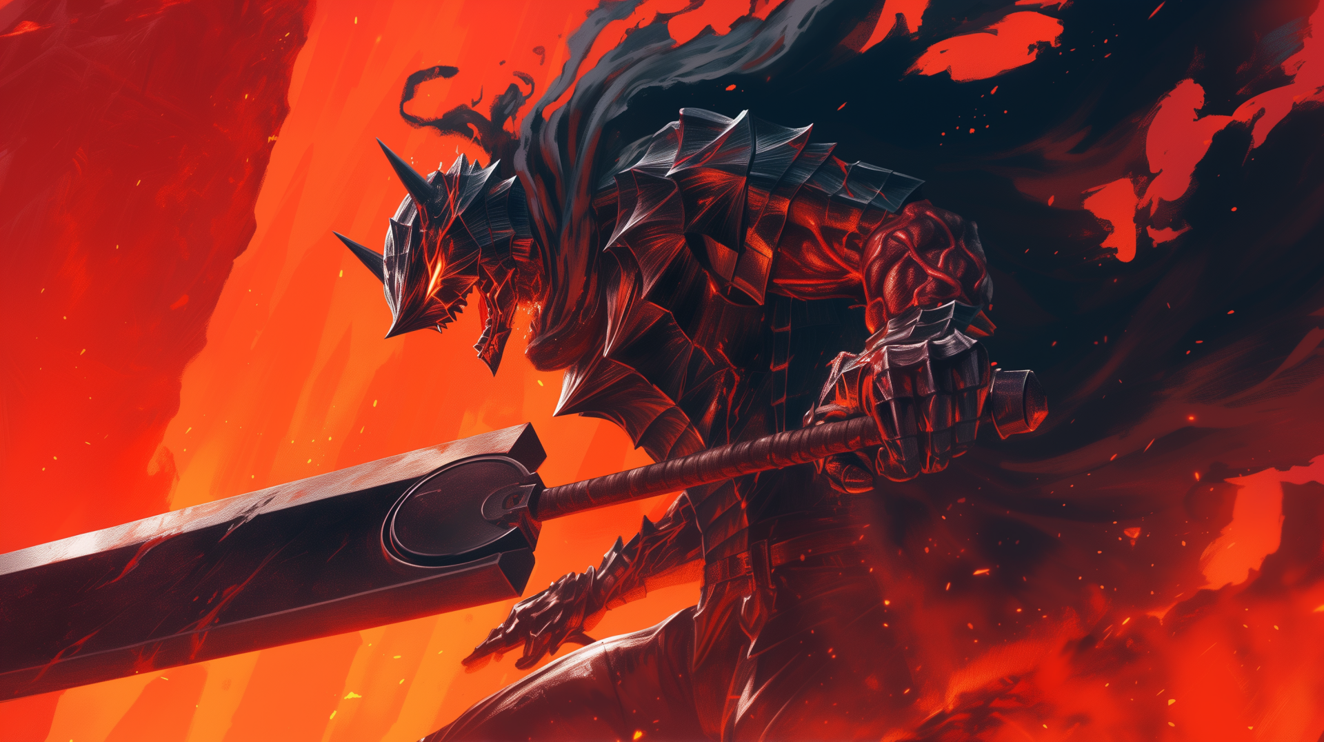 HD wallpaper featuring the character Guts in full armor from the anime Berserk, poised for battle against a fiery red background.