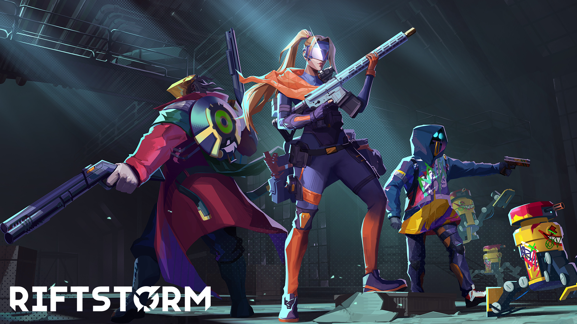 HD desktop wallpaper featuring characters from the video game Riftstorm in dynamic poses with vivid colors.