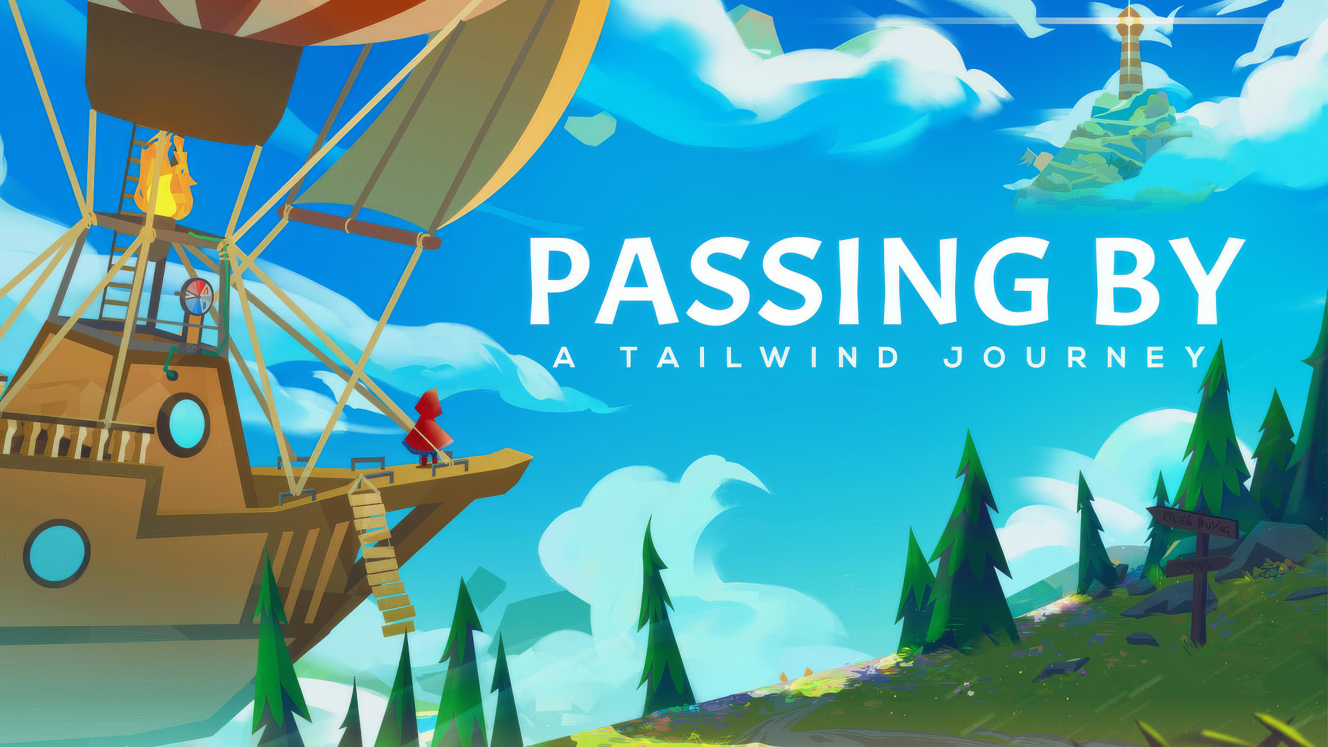 HD desktop wallpaper featuring 'Passing By - A Tailwind Journey' video game with a vibrant airship scene.