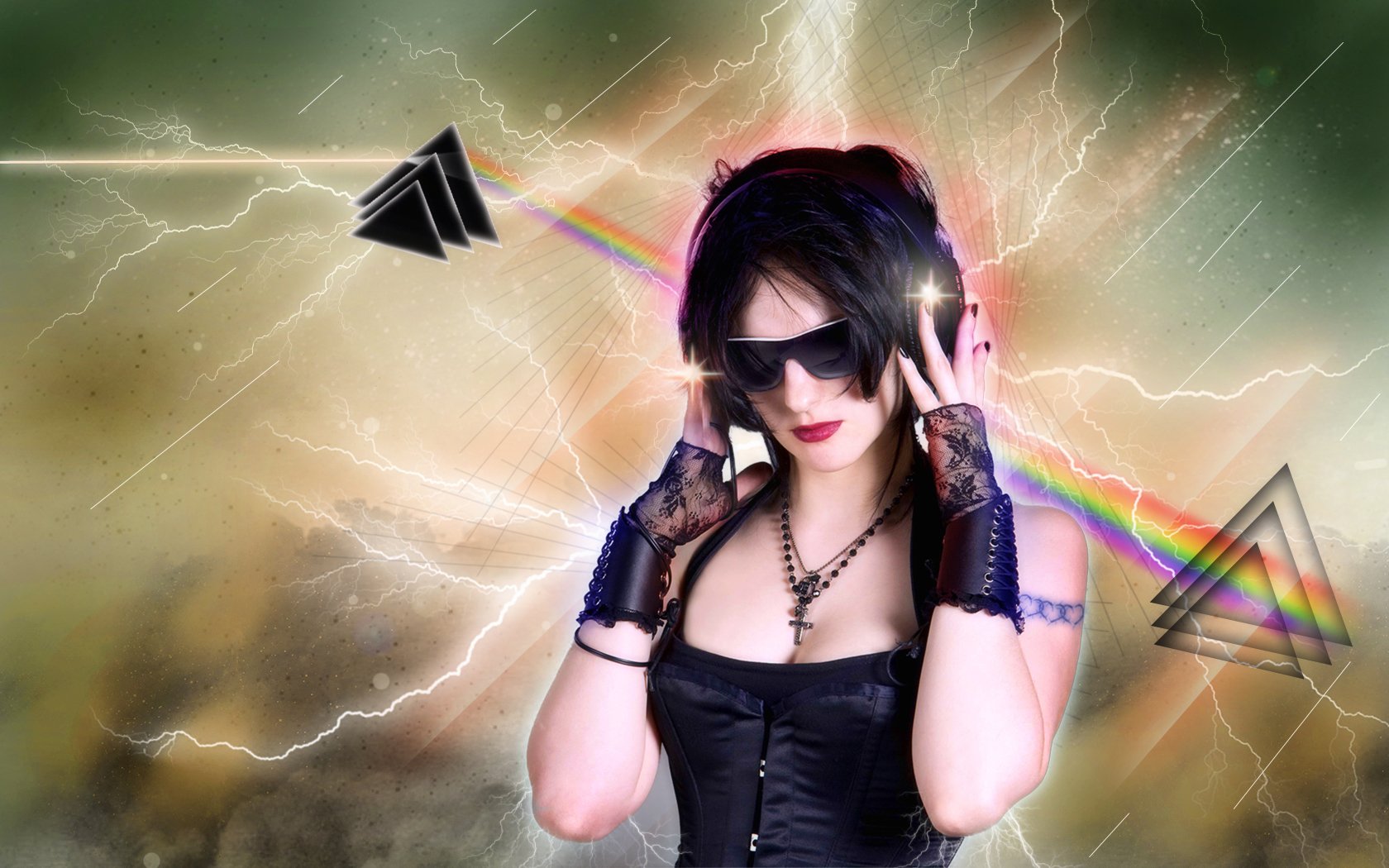 A stylish individual wearing headphones and sunglasses stands against a vibrant, electrifying background. This HD desktop wallpaper captures the essence of music and creativity.