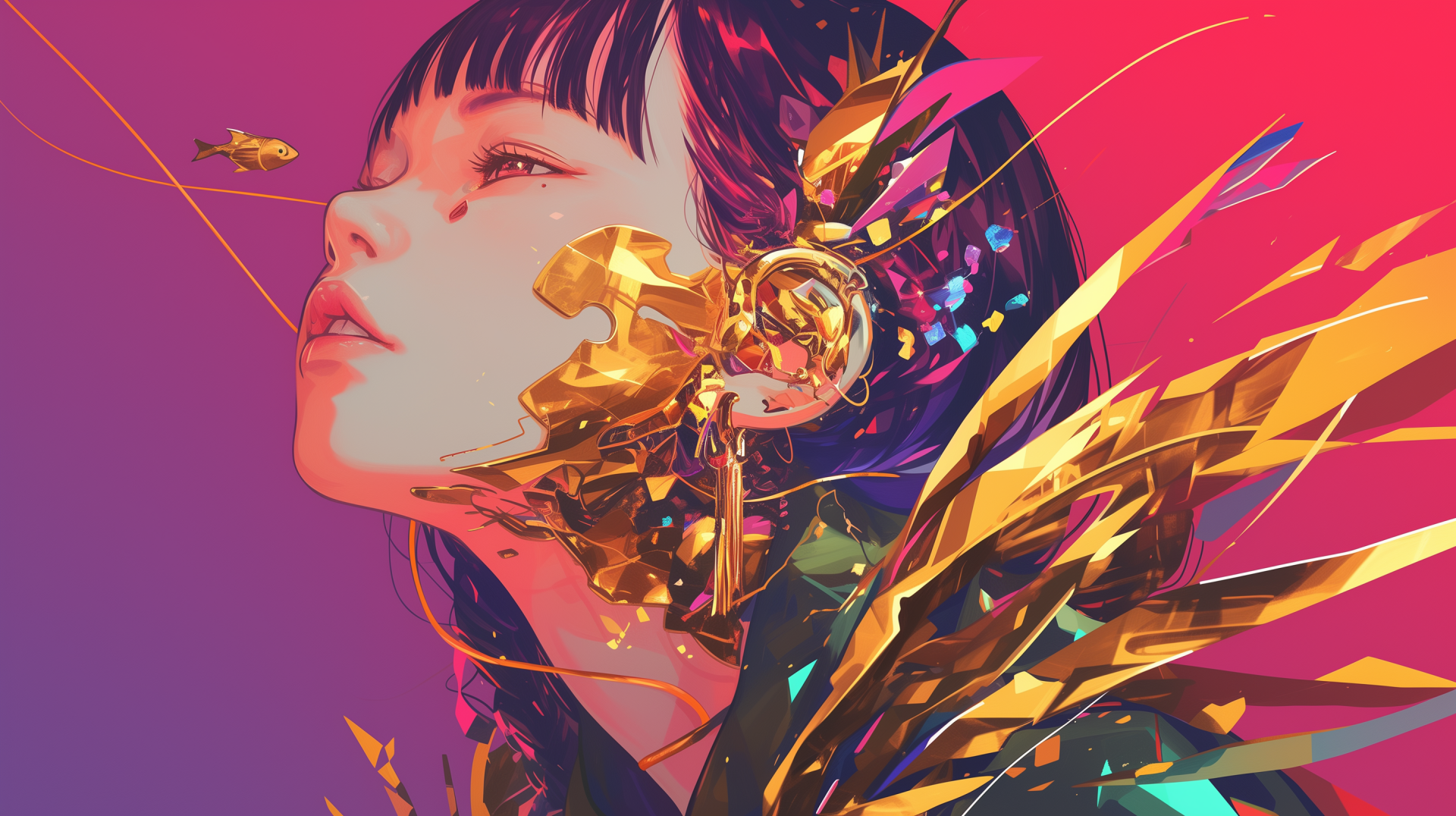 HD anime girl desktop wallpaper with vaporwave aesthetics, featuring a female character with gold mechanical detailing.