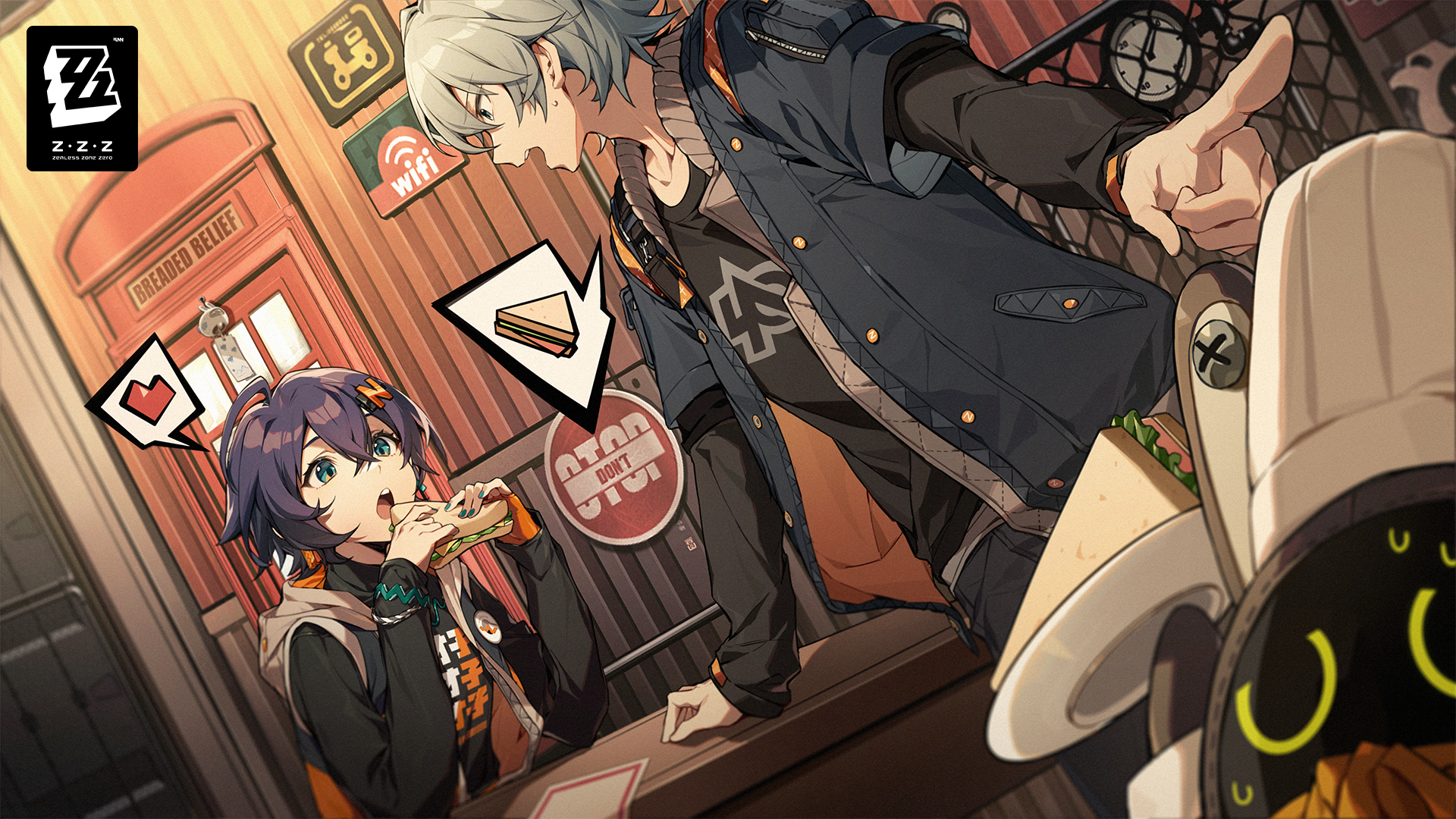 HD anime-style desktop wallpaper from the video game Zenless Zone Zero, depicting two characters sharing a meal in a cozy, detailed indoor setting.