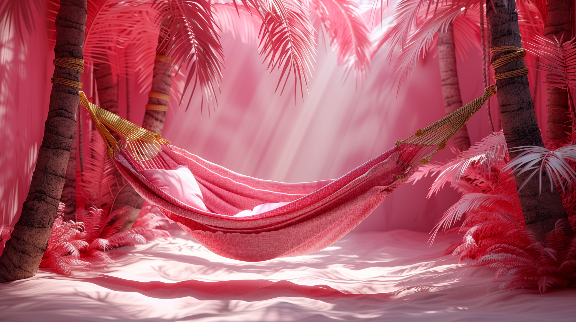 Relaxing pink hammock tied between two palm trees on a tranquil beach, framed by tropical foliage as HD desktop wallpaper and background.