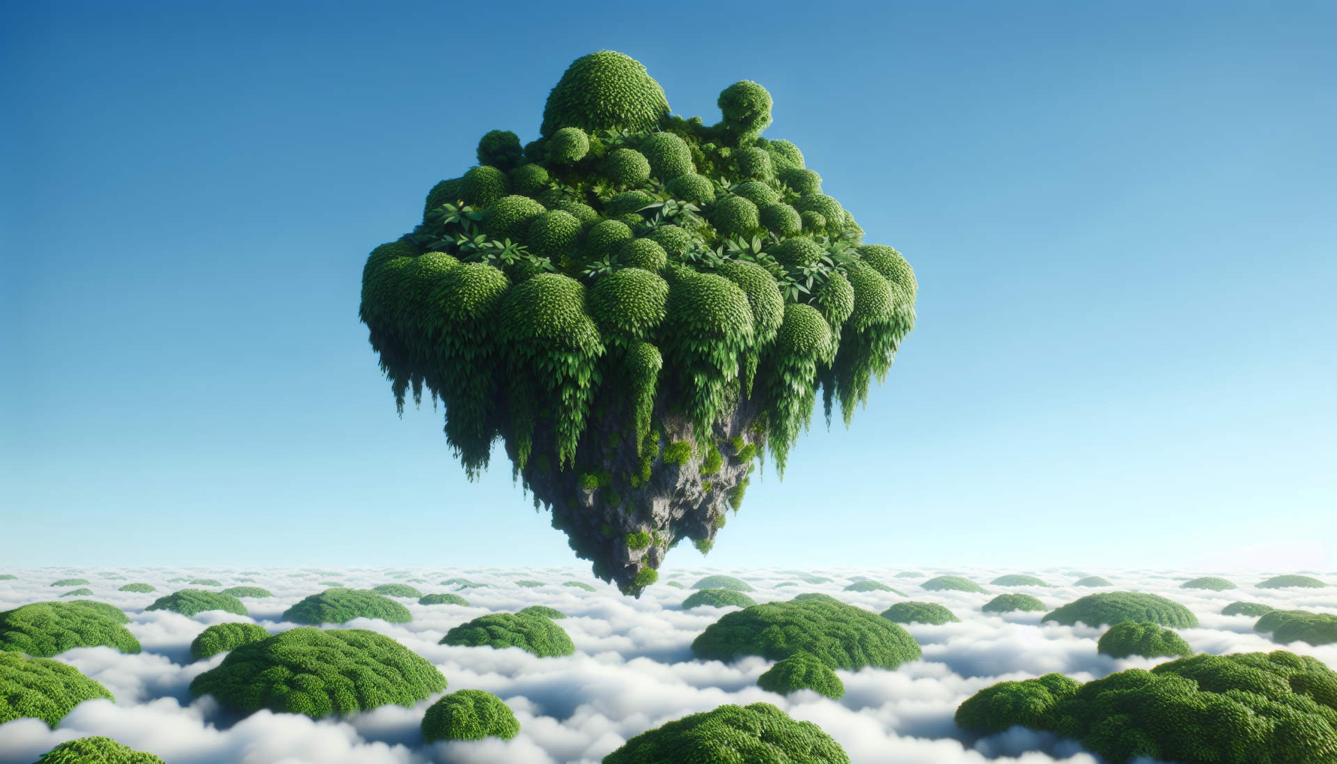 A vibrant flying island, lush with greenery, hovers serenely above fluffy clouds under a clear blue sky, creating a captivating and serene desktop wallpaper backdrop.