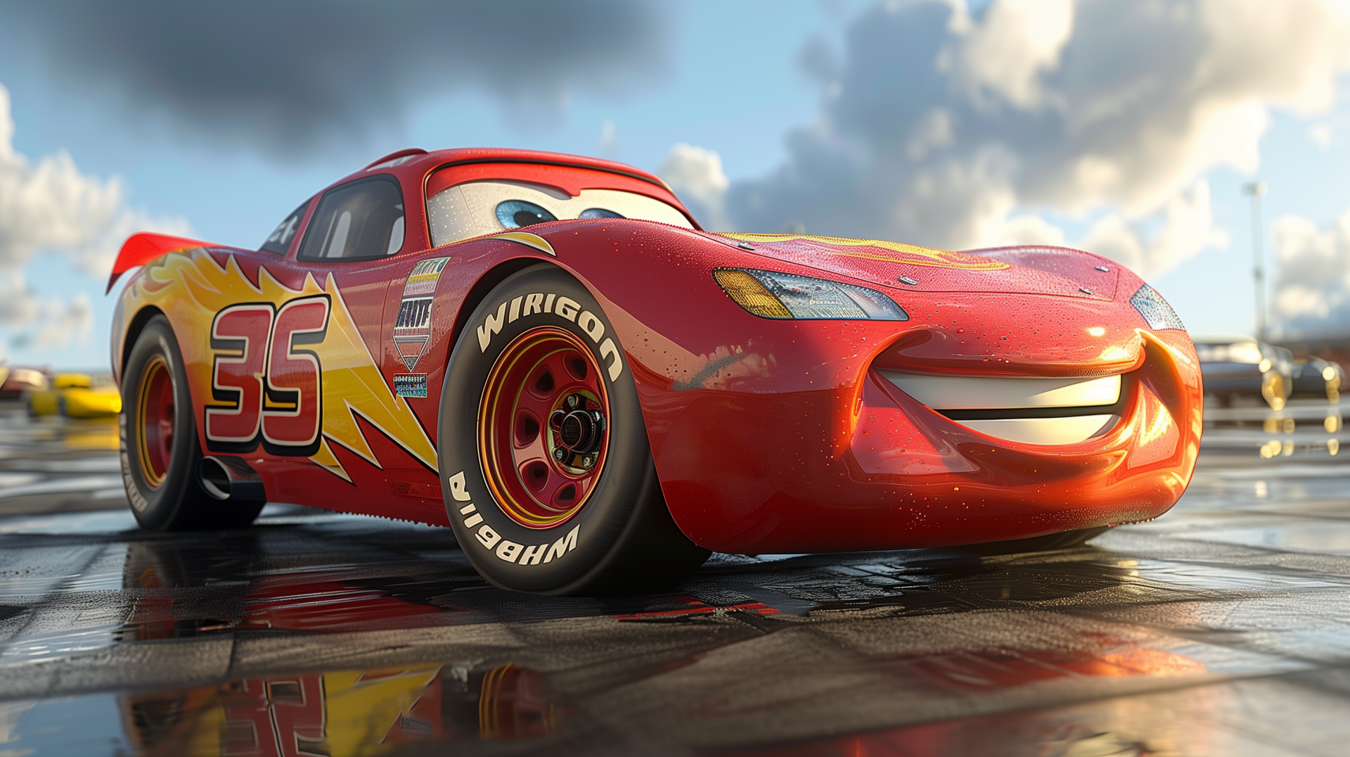 HD desktop wallpaper featuring an animated red sports car with vibrant racing decals on a glossy wet surface reflecting the sky.