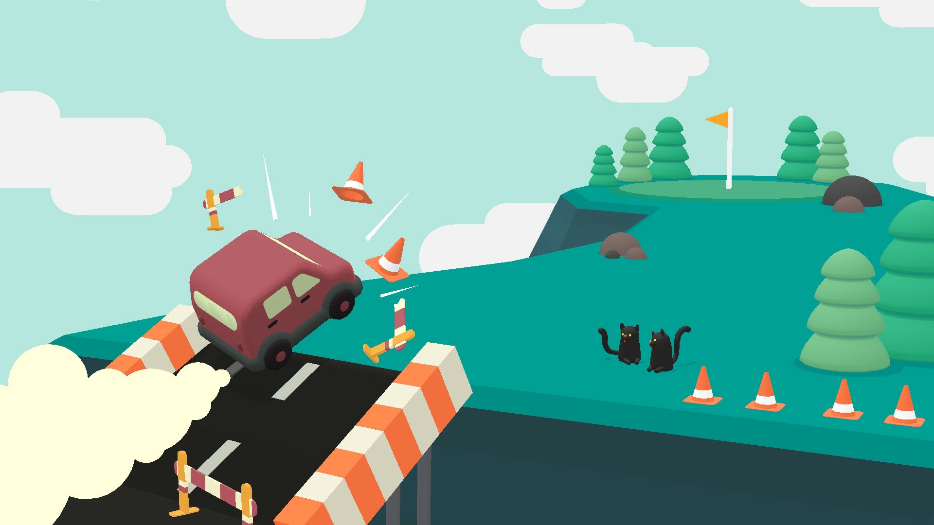 HD What the Golf? video game desktop wallpaper featuring whimsical golf course with a car, cones, and cartoonish obstacles.