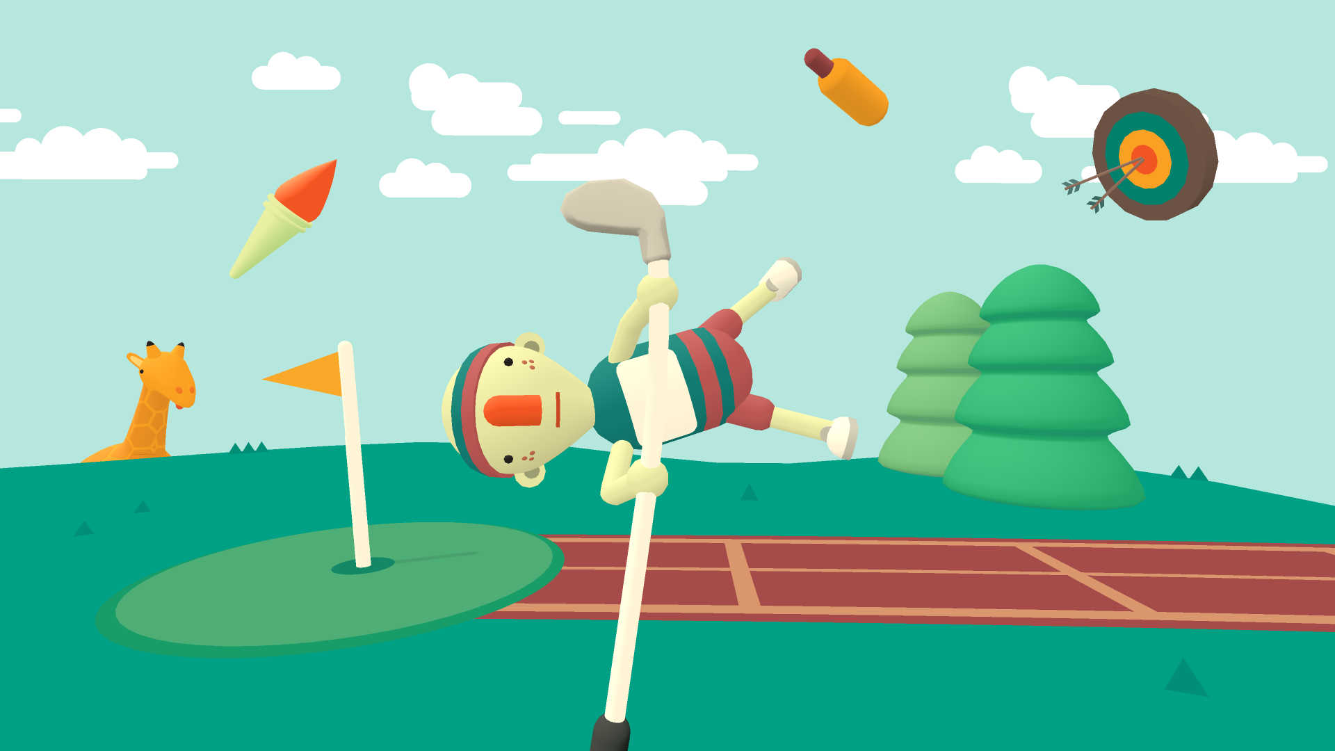 HD desktop wallpaper featuring a whimsical scene from the video game What the Golf?, with a cartoon golfer soaring through the air towards a hole, against a backdrop of a cheerful, stylized golf course.