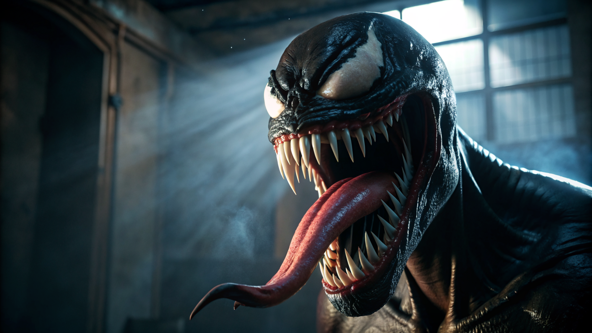 HD PC desktop wallpaper featuring a close-up of Venom from the comic series, showcasing his menacing sharp teeth and long tongue in a dark, atmospheric setting.