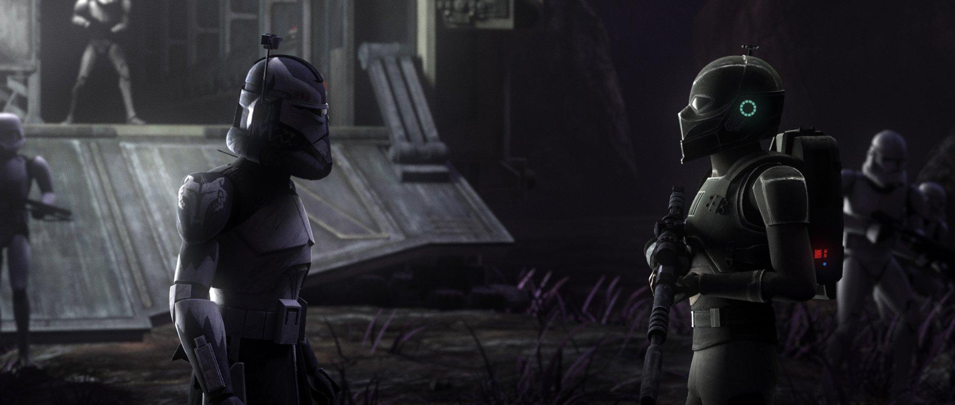 HD desktop wallpaper featuring characters from Star Wars: The Bad Batch TV show with a moody, atmospheric setting.