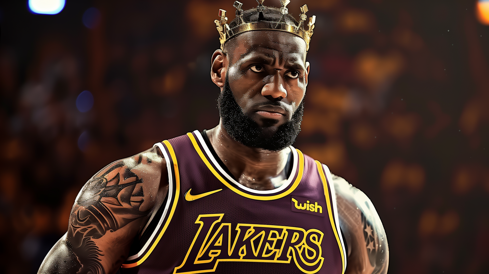 HD desktop wallpaper featuring an illustrated basketball player in a Los Angeles Lakers jersey with a stylized crown, encapsulating the spirit of the NBA.
