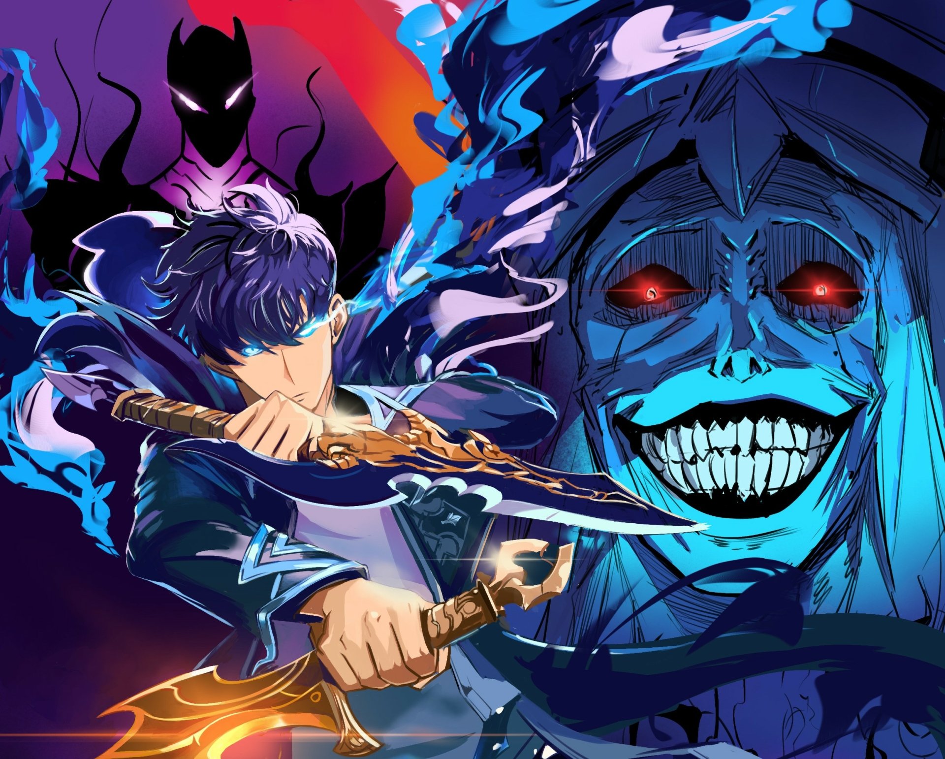 HD anime desktop wallpaper featuring Sung Jin-Woo and the Statue of God from Solo Leveling in a dynamic, vibrant composition.