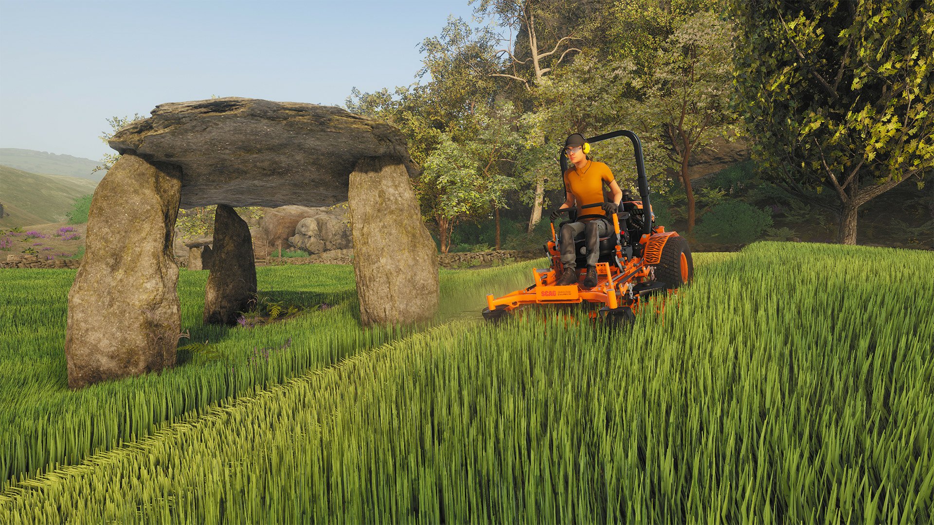 HD wallpaper of Lawn Mowing Simulator game showing a character using a lawn mower in a lush green setting.