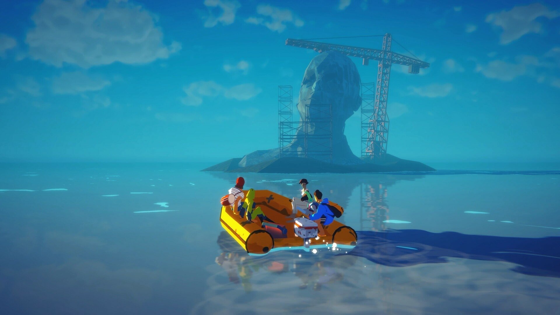 HD wallpaper of Highwater video game featuring characters on a raft with a large statue construction in the background.
