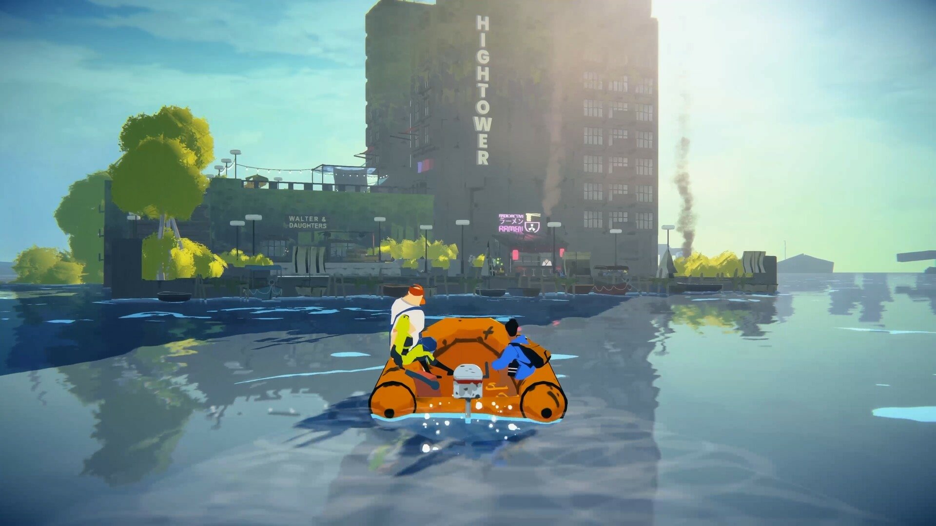 HD desktop wallpaper featuring characters from the video game Highwater, set in a flooded city environment.