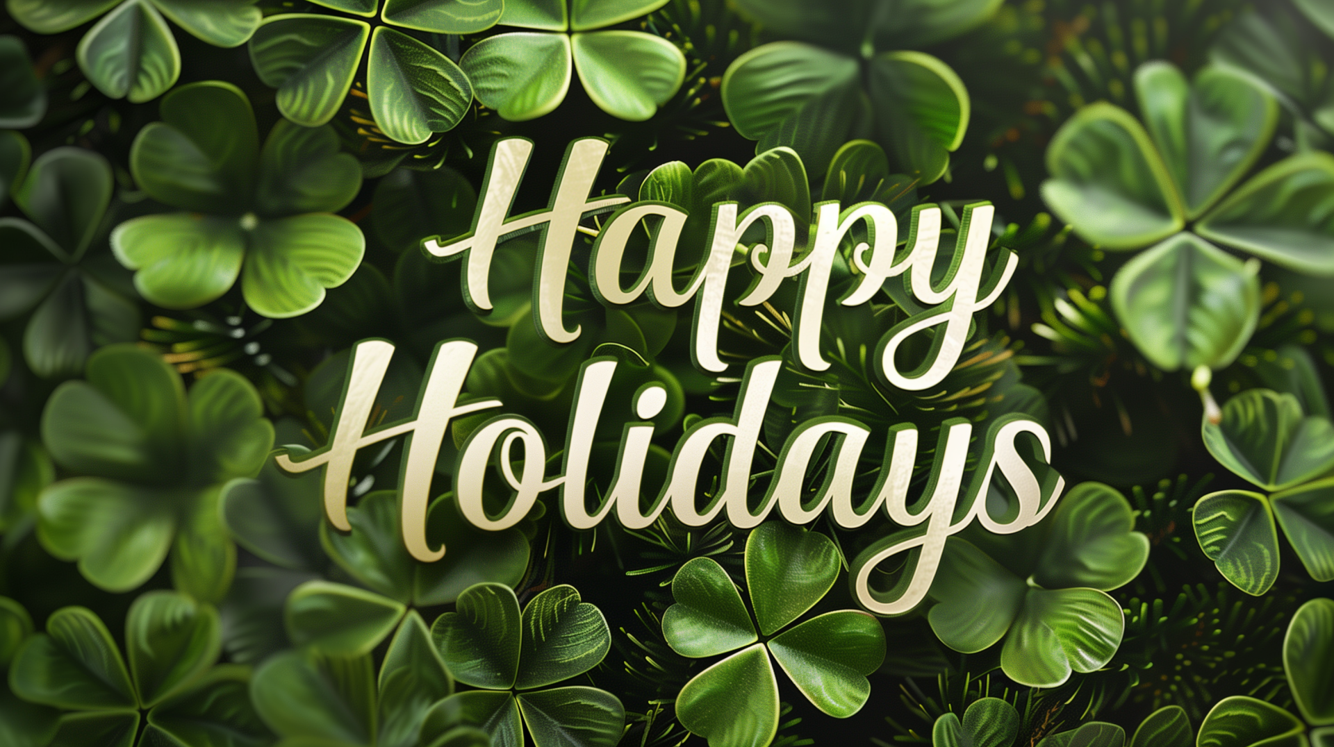 HD desktop wallpaper featuring Happy Holidays calligraphy over a backdrop of lush four-leaf clovers.