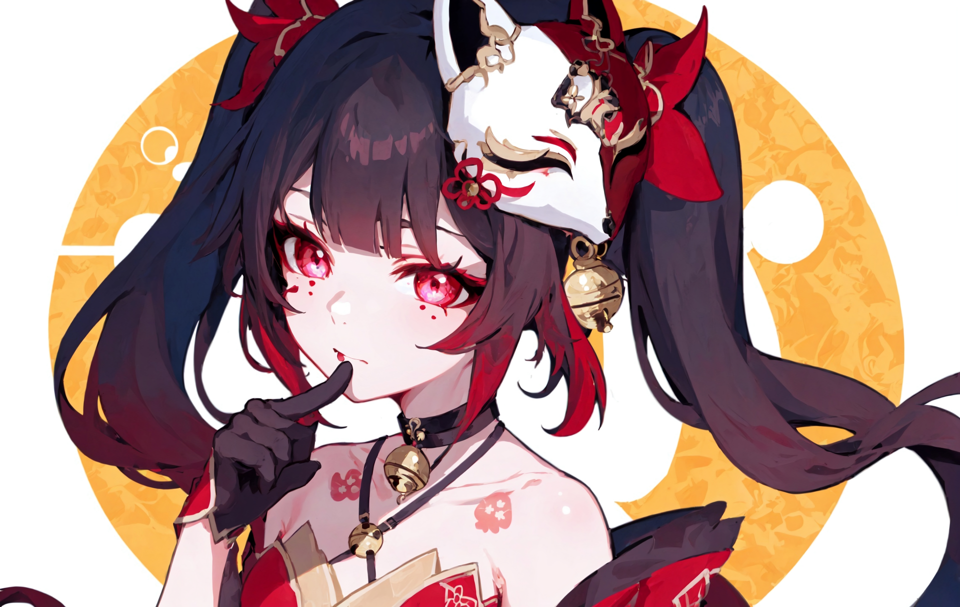 4K Ultra HD PC wallpaper featuring Sparkle from Honkai: Star Rail, showcasing her detailed red and black outfit with a fox mask accessory against a bright circular background.
