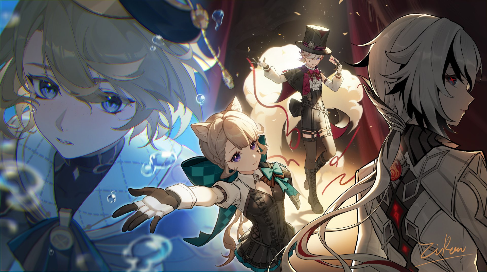 4K Ultra HD Genshin Impact wallpaper featuring characters Lynette, Lyney, Freminet, and Arlecchino in a dynamic, detailed scene.