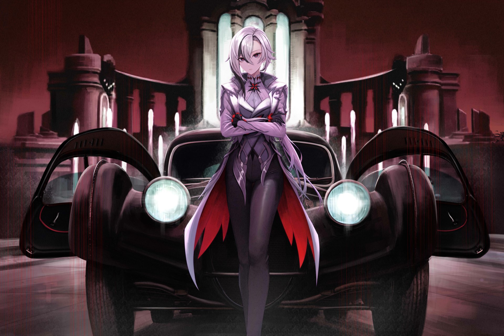 4K Ultra HD PC desktop wallpaper featuring Arlecchino from Genshin Impact standing confidently in front of a vintage car with open doors against a dark, dramatic backdrop.