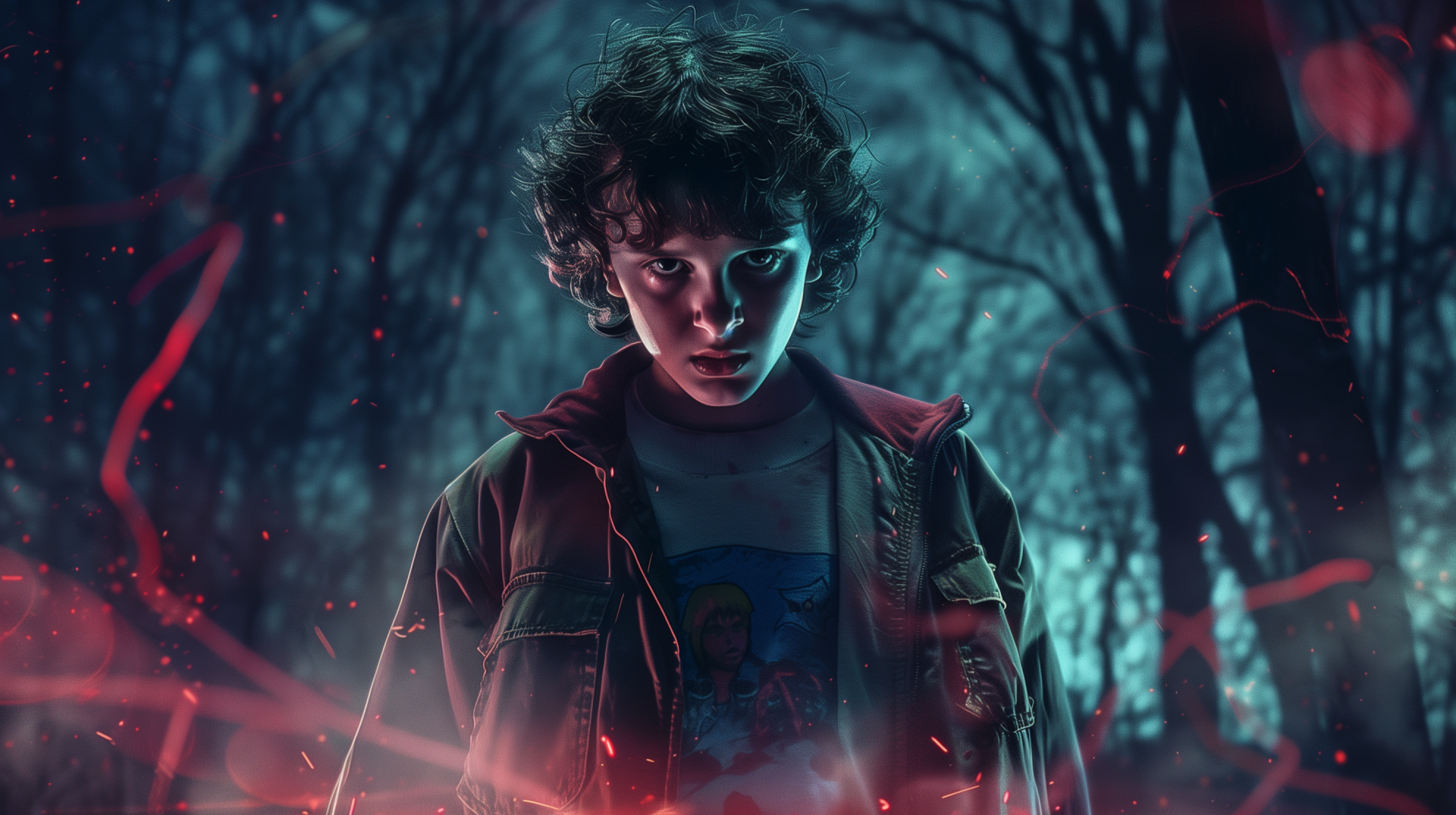 Stranger Things fan art with a stylized depiction of a character in a mysterious, glowing forest as HD desktop wallpaper