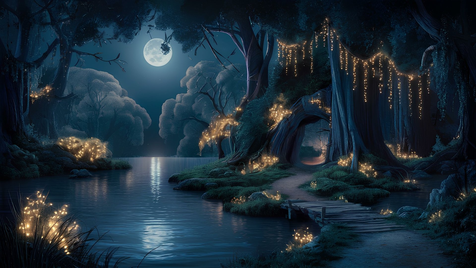 A surreal 4K Ultra HD forest scene under moonlight, with glowing magical lights illuminating ancient trees beside a peaceful river.