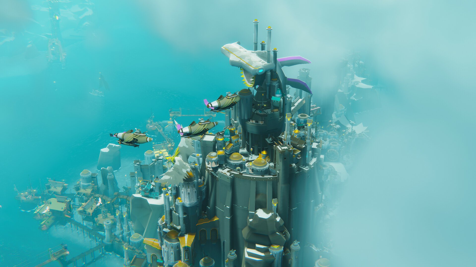 HD wallpaper featuring a scene from Bulwark: Falconeer Chronicles video game, with an underwater cityscape and flying creatures.