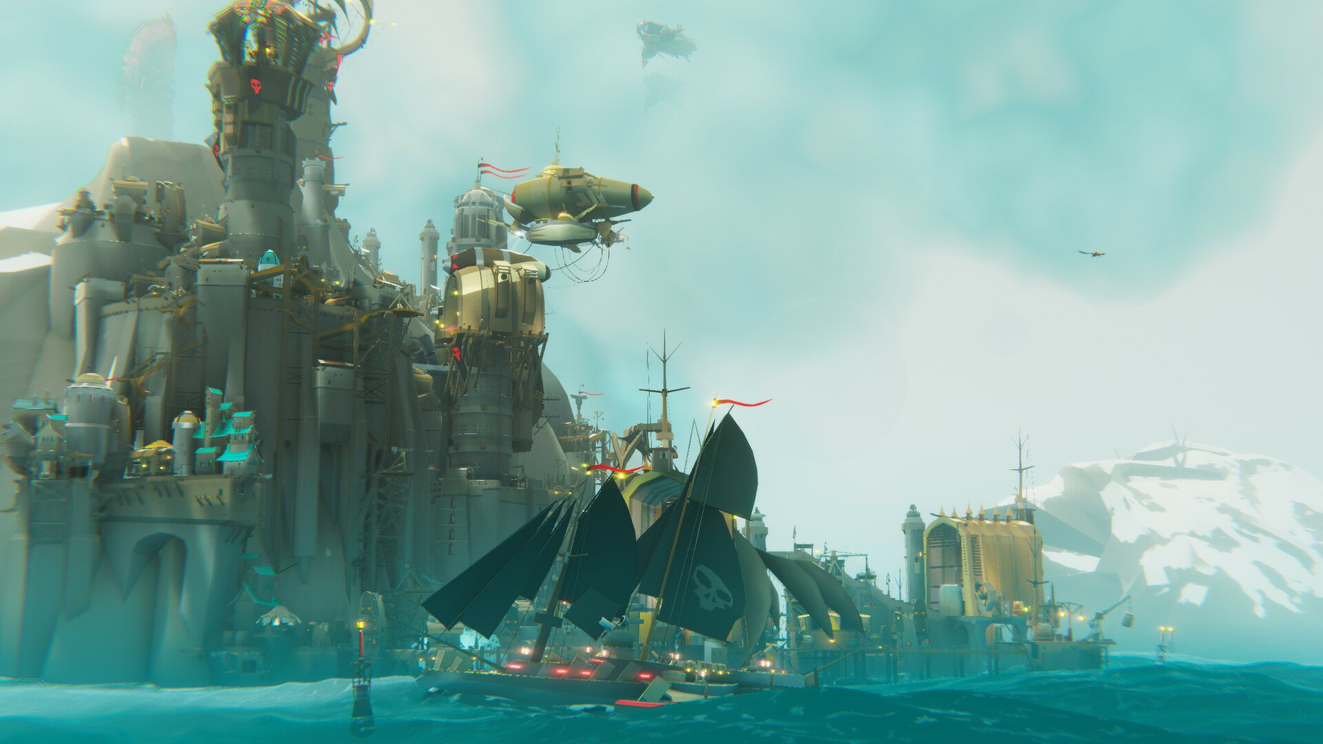 HD wallpaper featuring Bulwark: Falconeer Chronicles video game with a ship and a fortress cityscape.