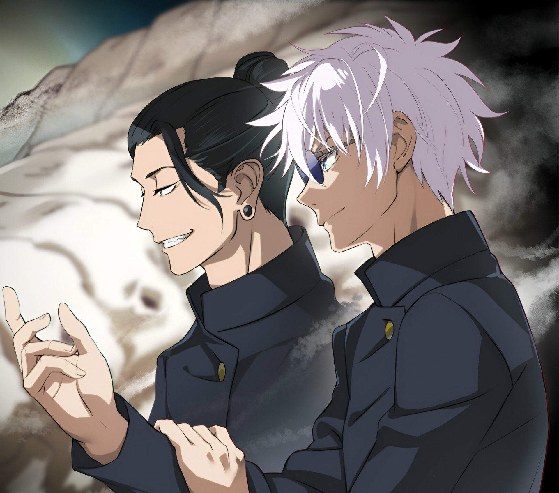 HD PC desktop wallpaper featuring anime characters Suguru Geto and Satoru Gojo from Jujutsu Kaisen, showcasing their distinct personalities side by side.