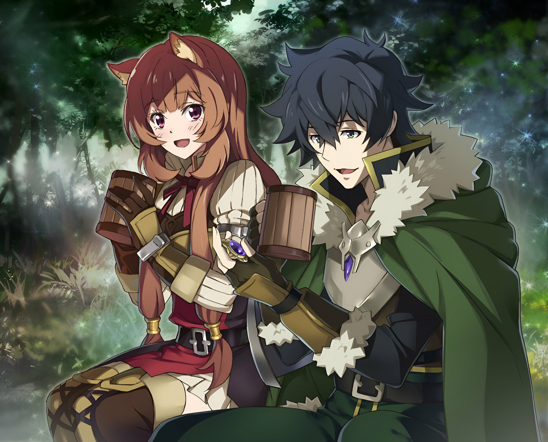 2K Quad HD PC wallpaper of The Rising of the Shield Hero: Raphtalia smiles beside Naofumi Iwatani in a sunlit forest, both in armor and cloak against a vibrant anime background.