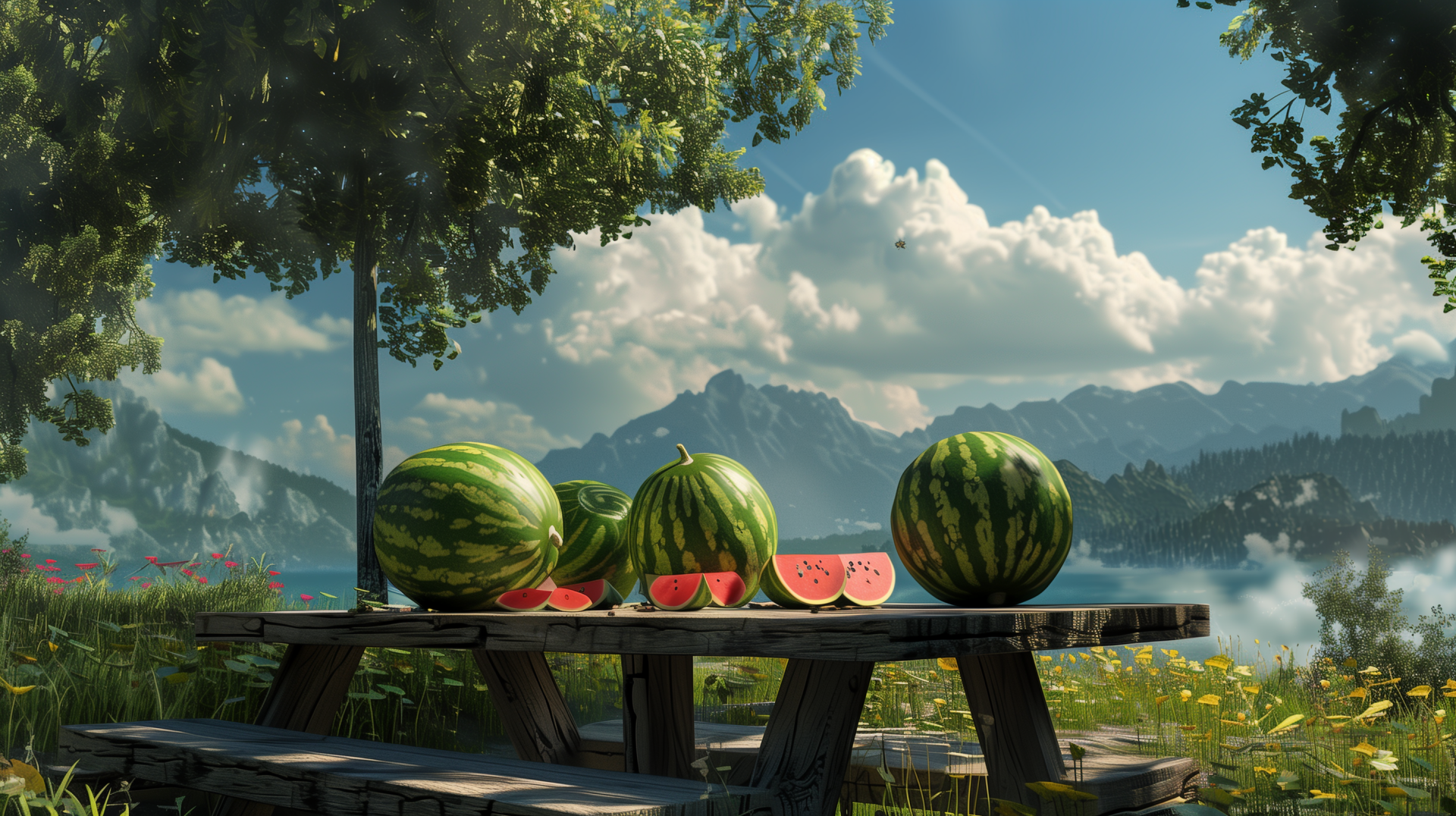 HD desktop wallpaper featuring watermelons on a wooden table with a scenic mountainous backdrop and clear blue sky.