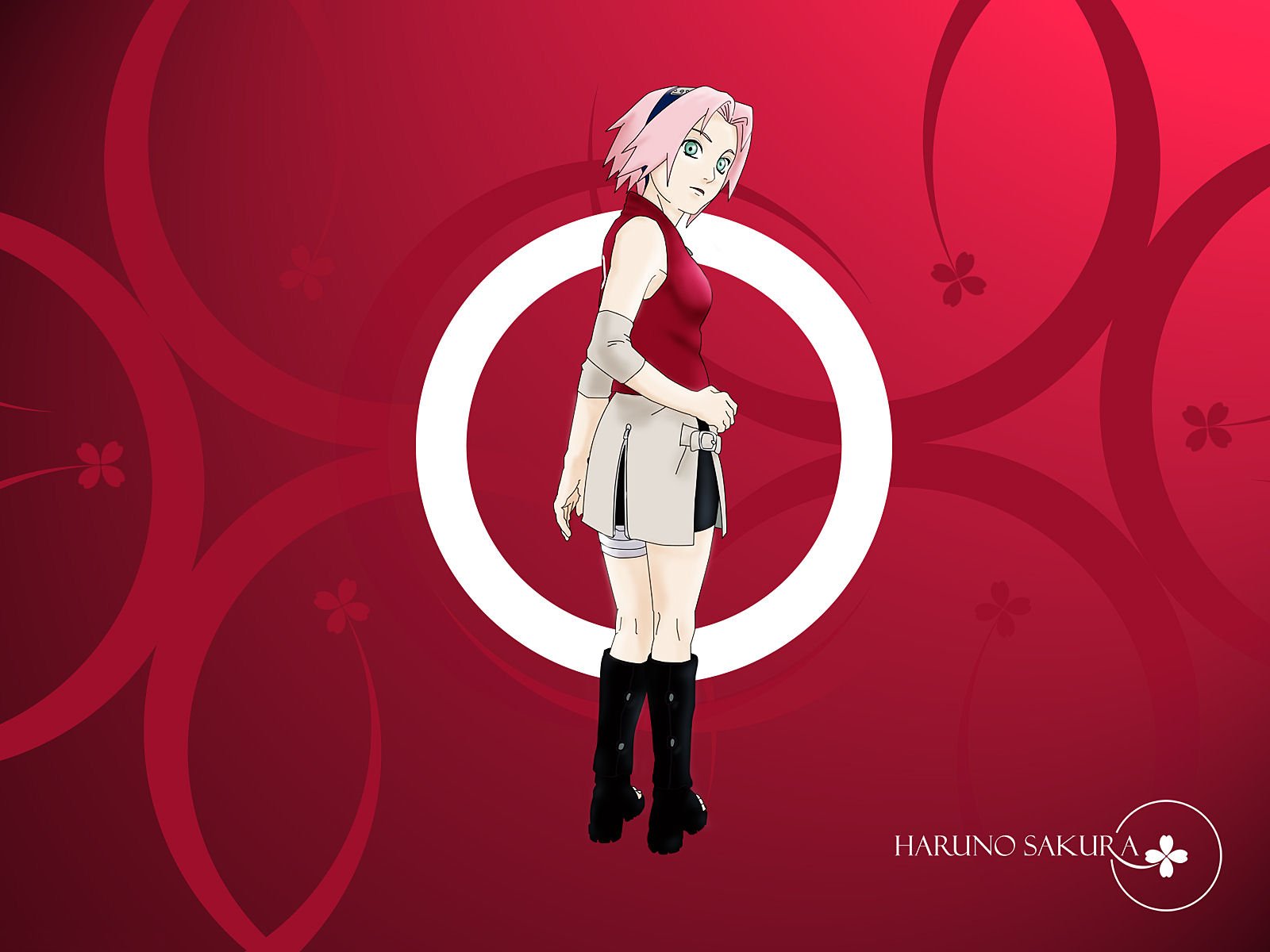 Sakura Haruno from the anime Naruto stands confidently against a vibrant red background, embodying her strength and determination in this HD wallpaper.