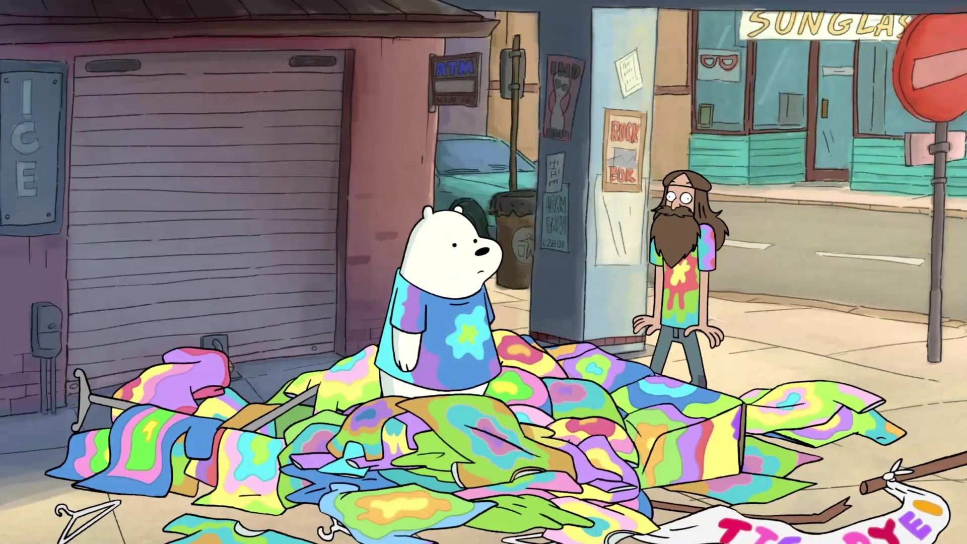 HD desktop wallpaper featuring a scene from the TV show We Bare Bears with a polar bear sitting on a pile of tie-dye shirts as a character looks on.