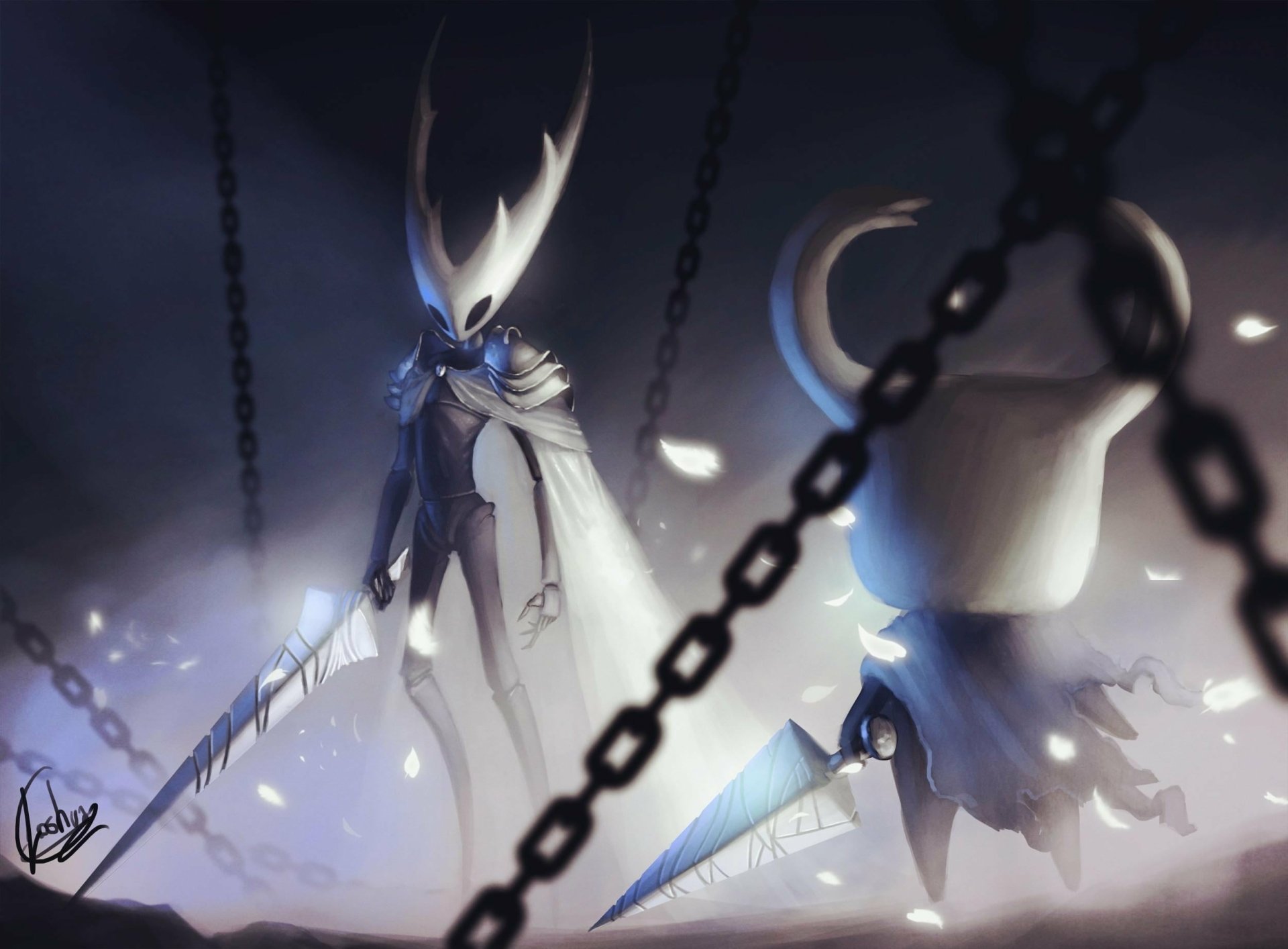 HD desktop wallpaper featuring characters from the video game Hollow Knight with a mystical and moody atmosphere, highlighted by chains in the foreground.
