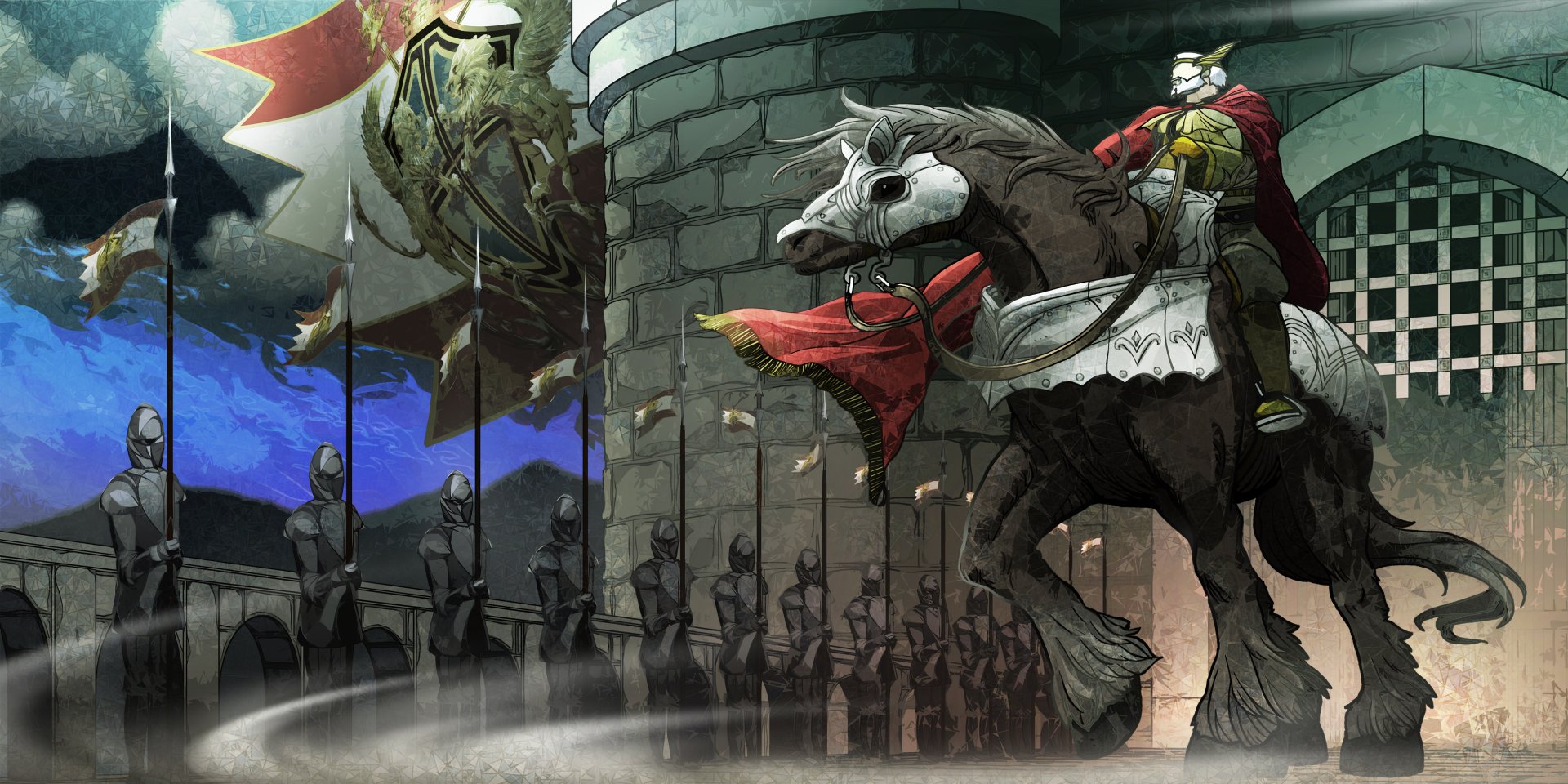 HD wallpaper of SaGa Emerald Beyond video game featuring knight on horse with army and flags.