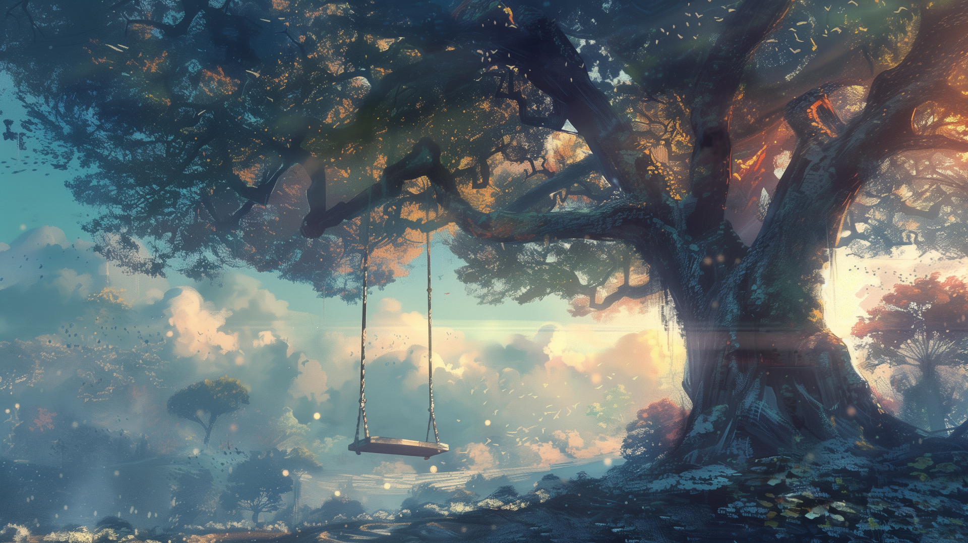 HD wallpaper of a serene tree swing hanging from a massive tree during a dreamy sunset.