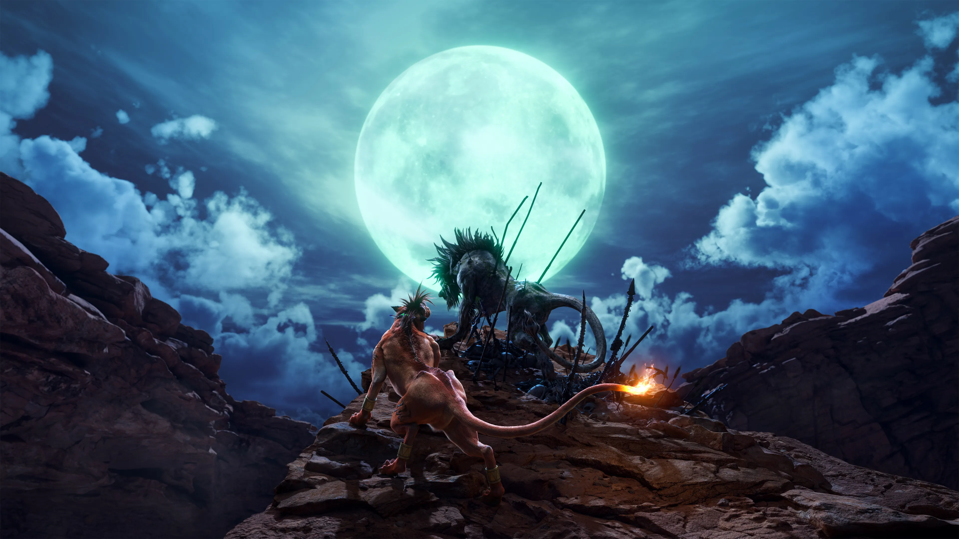 A stunning HD desktop wallpaper from Final Fantasy VII Rebirth, featuring a luminous moon and dramatic rocky terrain, highlighting the game's epic fantasy elements.
