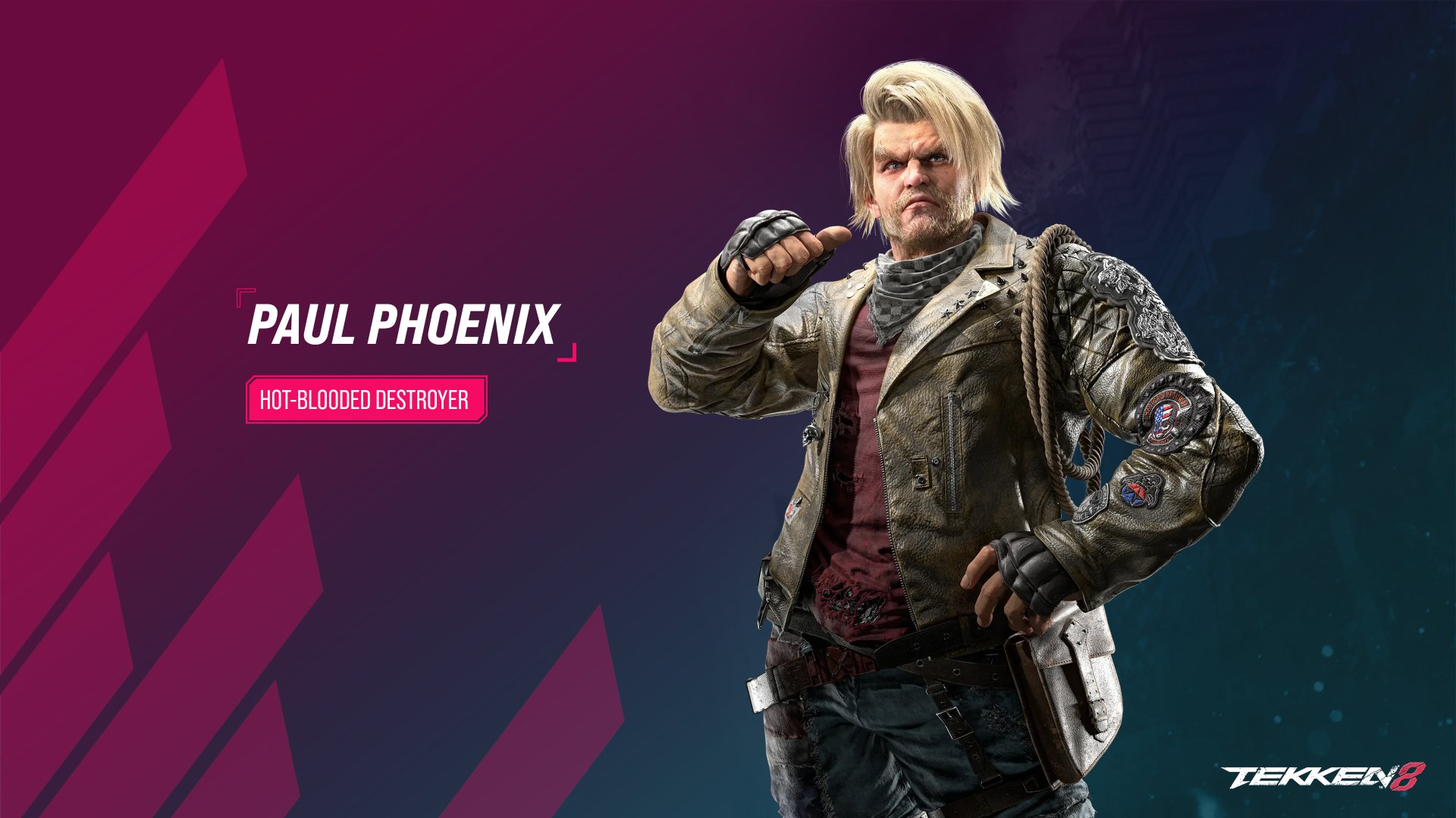 Paul Phoenix from Tekken 8, depicted as a hot-blooded destroyer, poses confidently against a dynamic background in this HD desktop wallpaper.