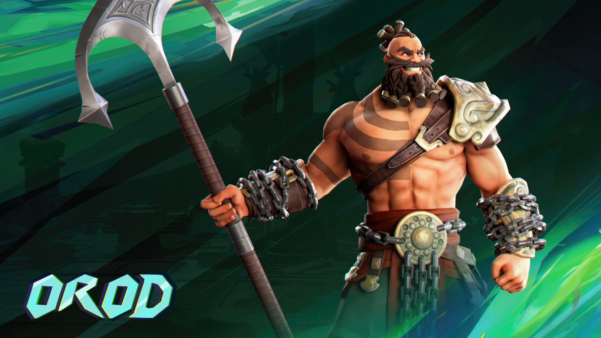 HD desktop wallpaper of a warrior character from Prince of Persia: The Lost Crown video game, featuring a muscular hero with a battle axe on a stylized green background.