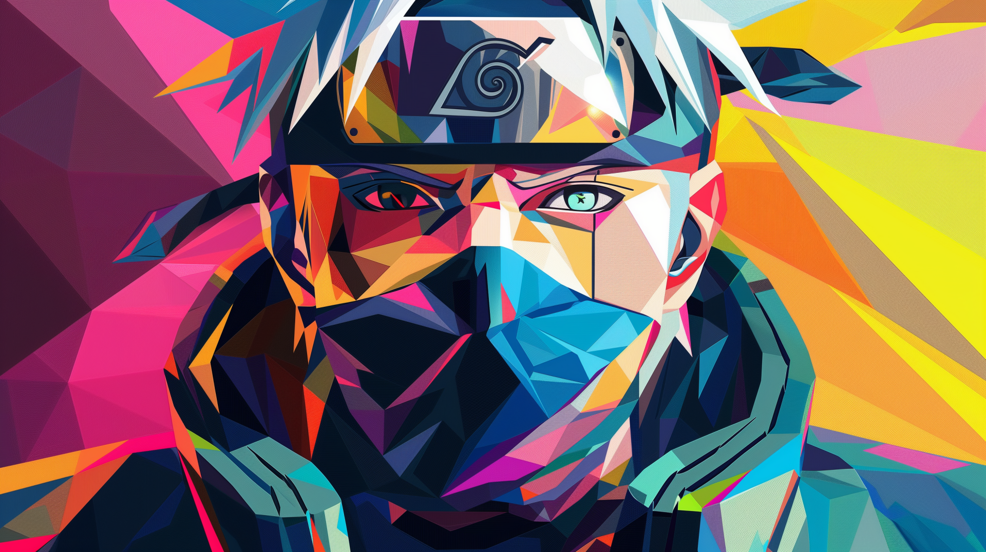 HD desktop wallpaper featuring a colorful geometric rendition of Kakashi Hatake from the anime Naruto.