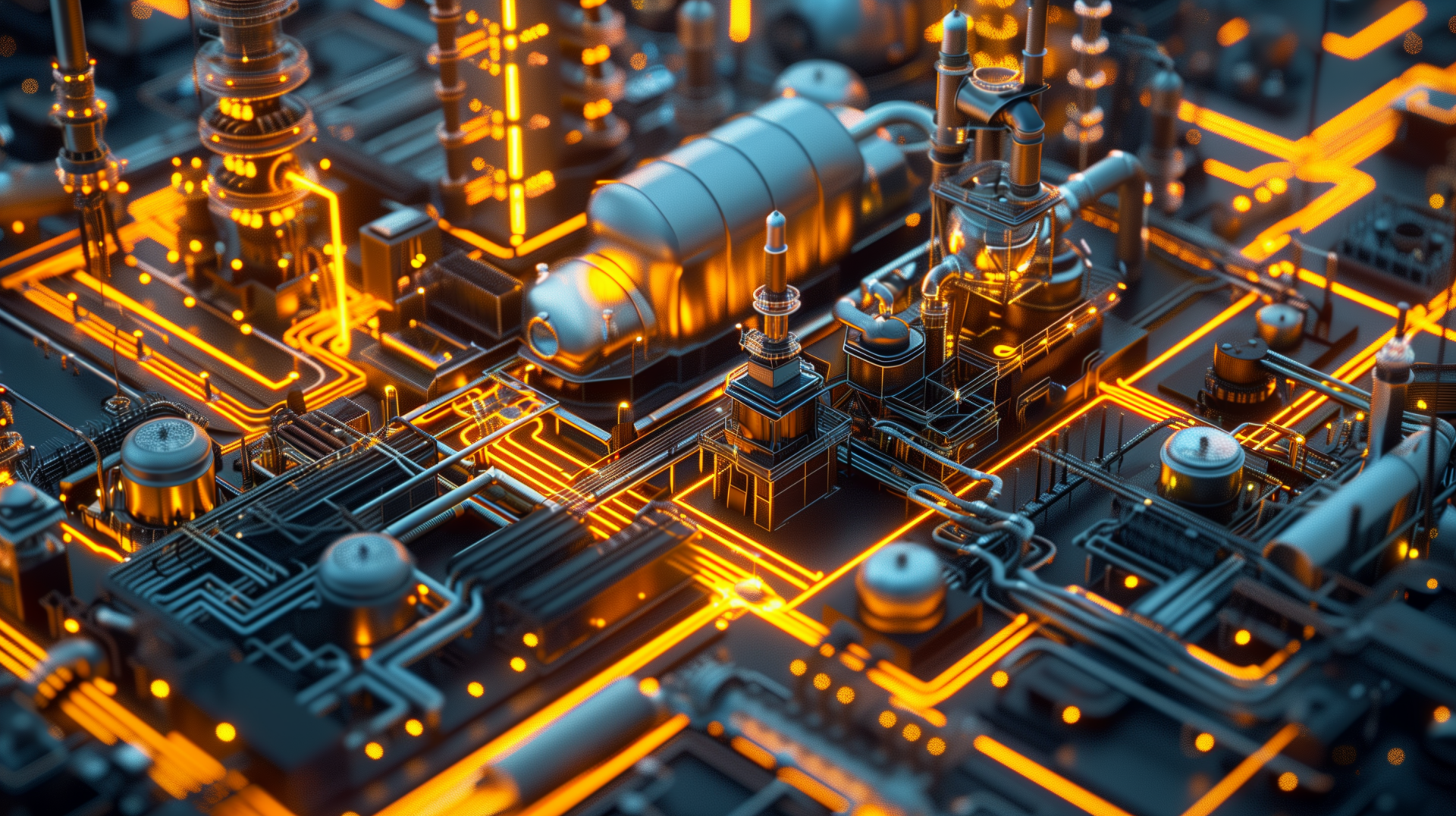 HD PC desktop wallpaper of a futuristic factory plan rendered with glowing orange circuitry, created as AI art showcasing intricate industrial design and technology.