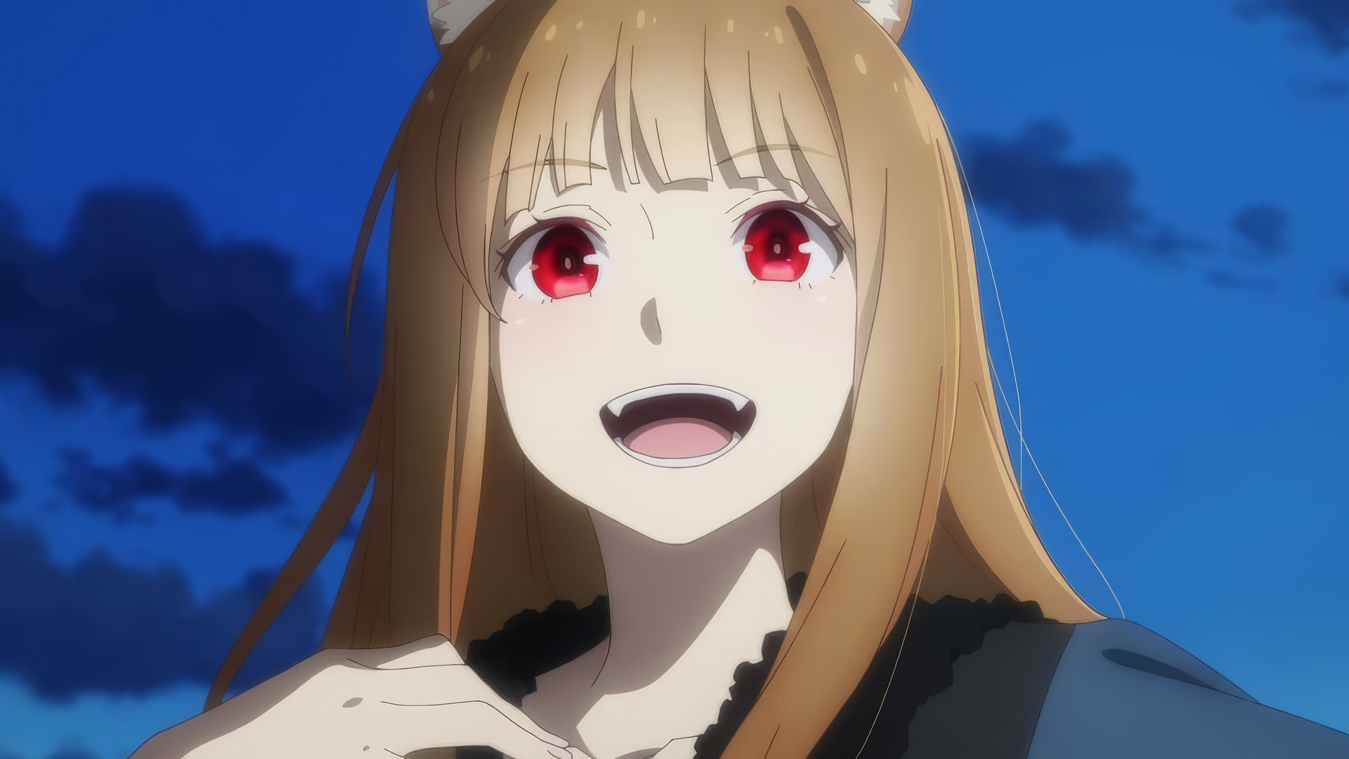 HD wallpaper from Spice and Wolf featuring the wise wolf character smiling against a twilight sky.