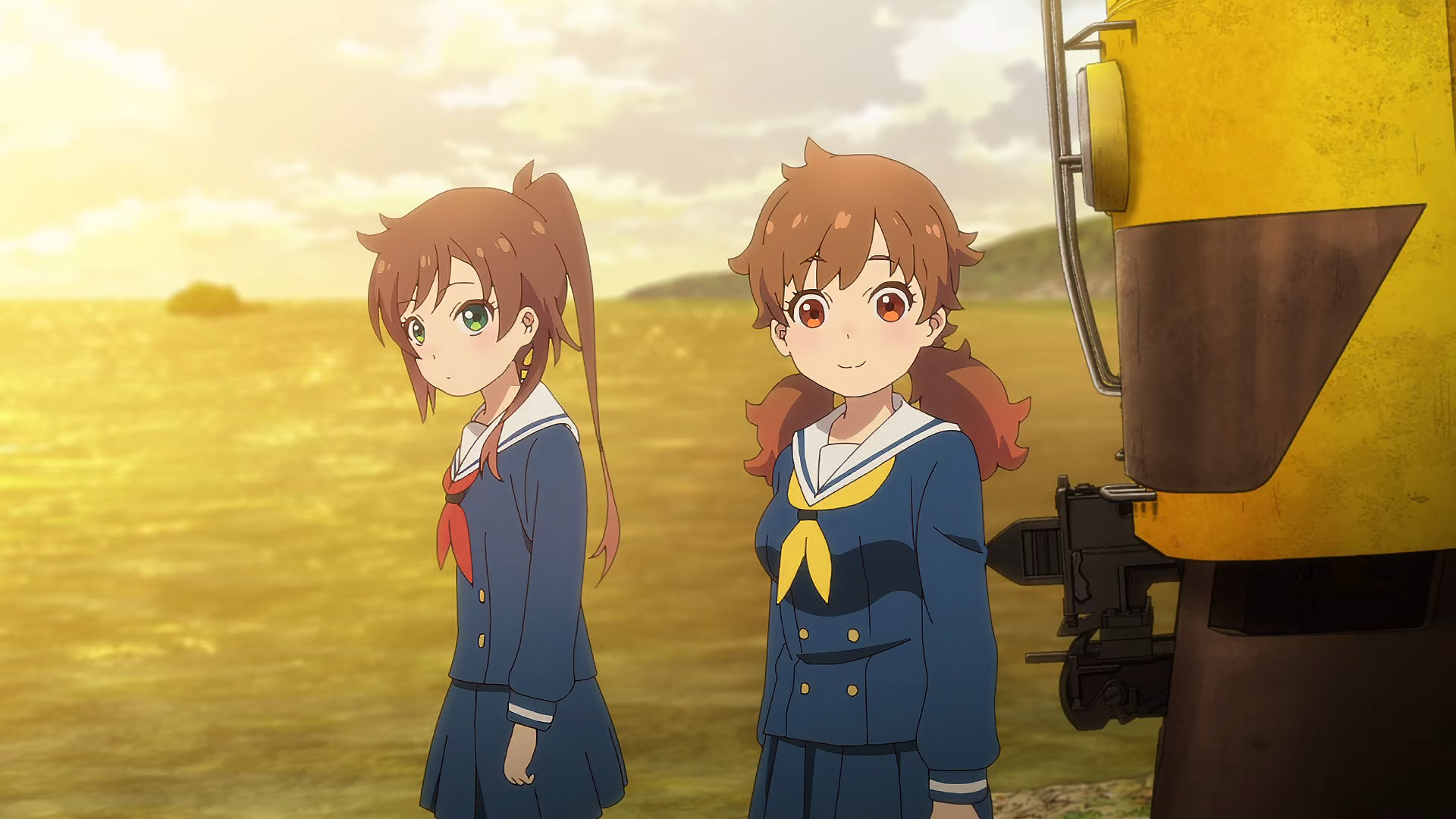 HD Anime Wallpaper featuring two characters by a train at sunset, with the theme 'Train to the End of the World'.