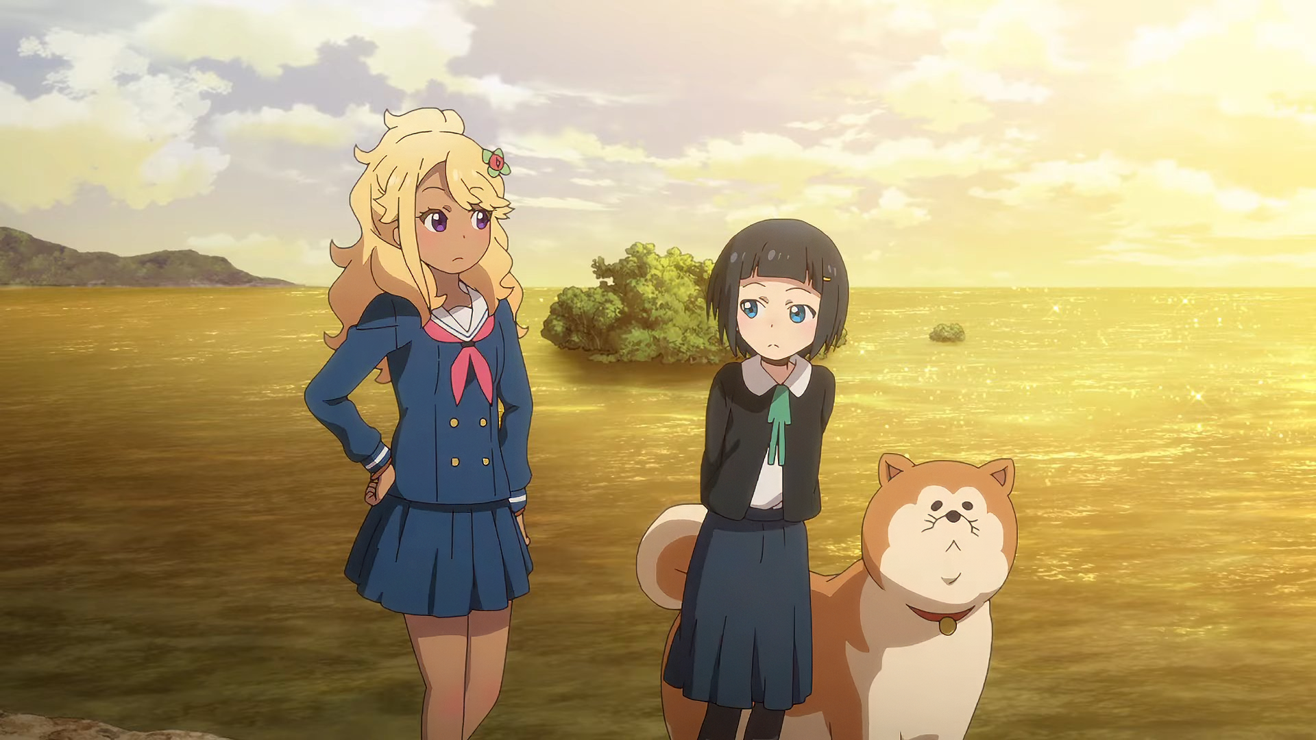 Anime characters by the sea with a dog, HD wallpaper from Train to the End of the World series.