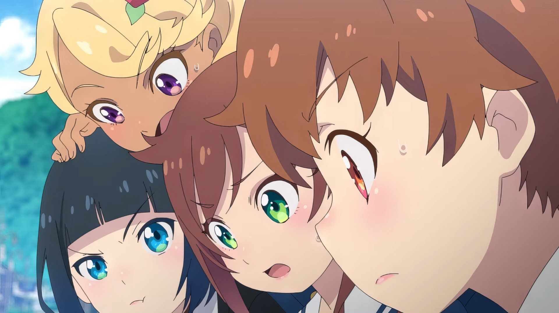 HD anime wallpaper featuring characters from Train to the End of the World with expressive faces peeking into the scene.