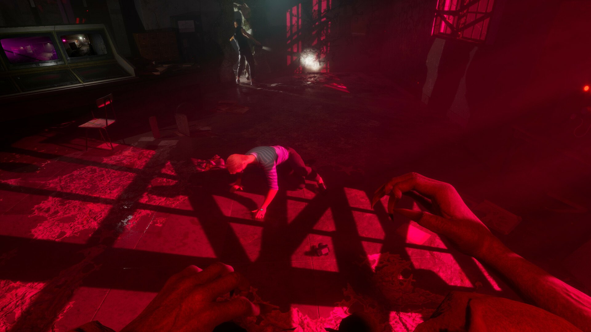 HD wallpaper featuring a suspenseful scene from the video game Deceit 2 with a character lying on the ground and a shadowy figure looming, creating an eerie gaming backdrop.