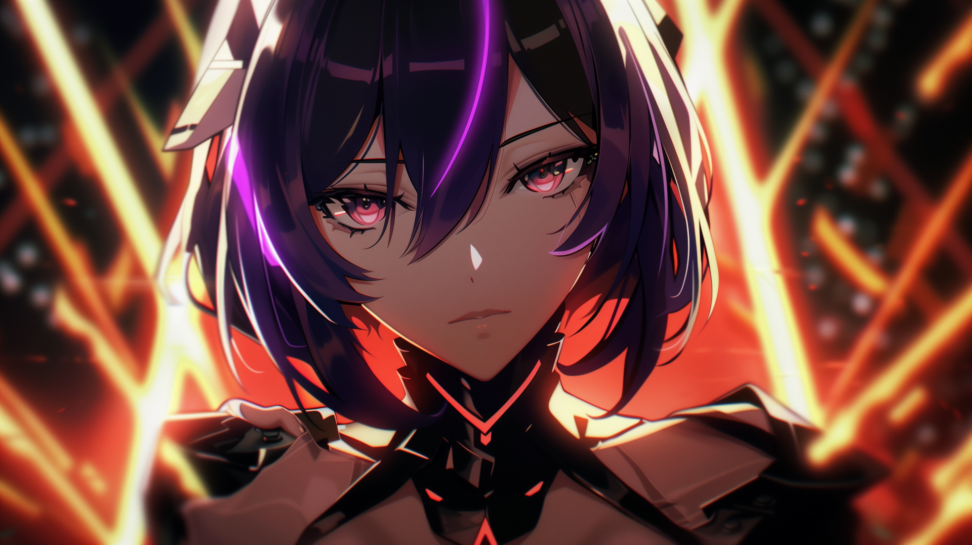 HD desktop wallpaper of Acheron from Honkai: Star Rail, featuring her intense gaze with a fiery backdrop.