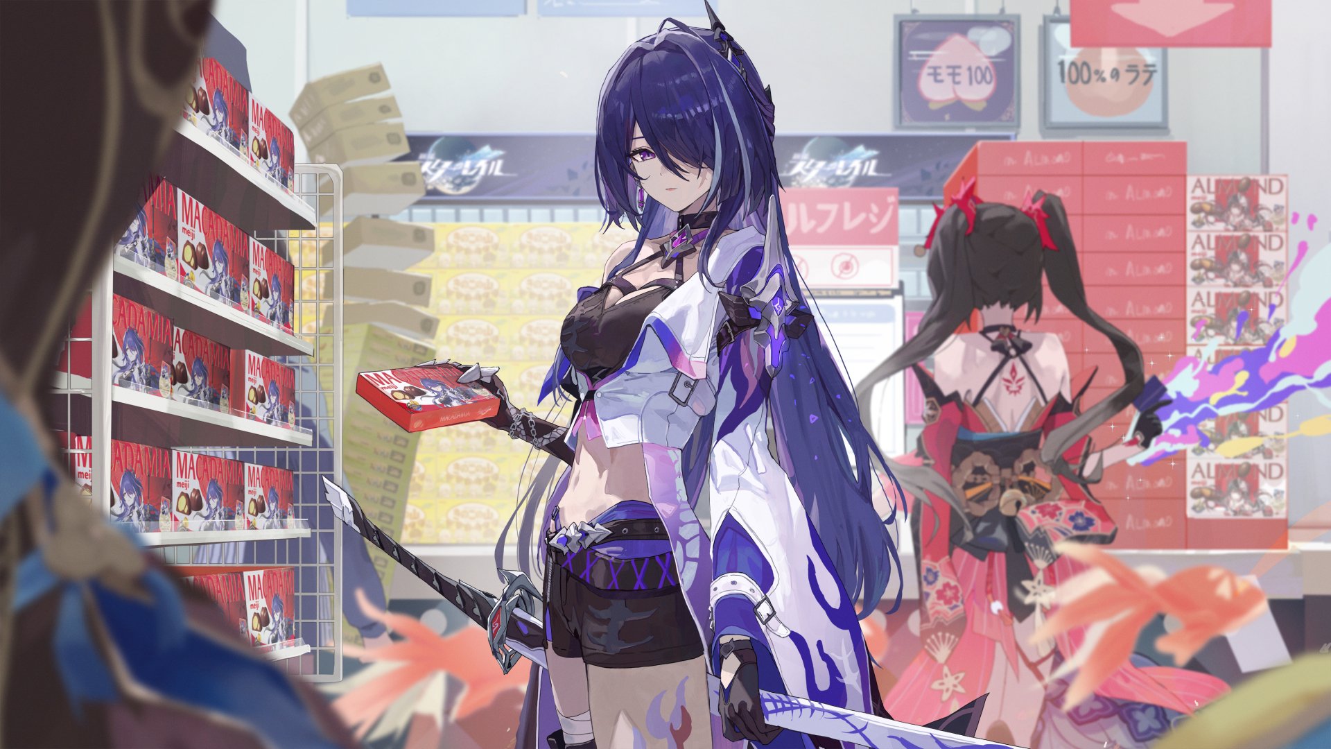 HD PC desktop wallpaper featuring Acheron and Sparkle from Honkai: Star Rail in a vibrant store setting with detailed anime-style artwork.